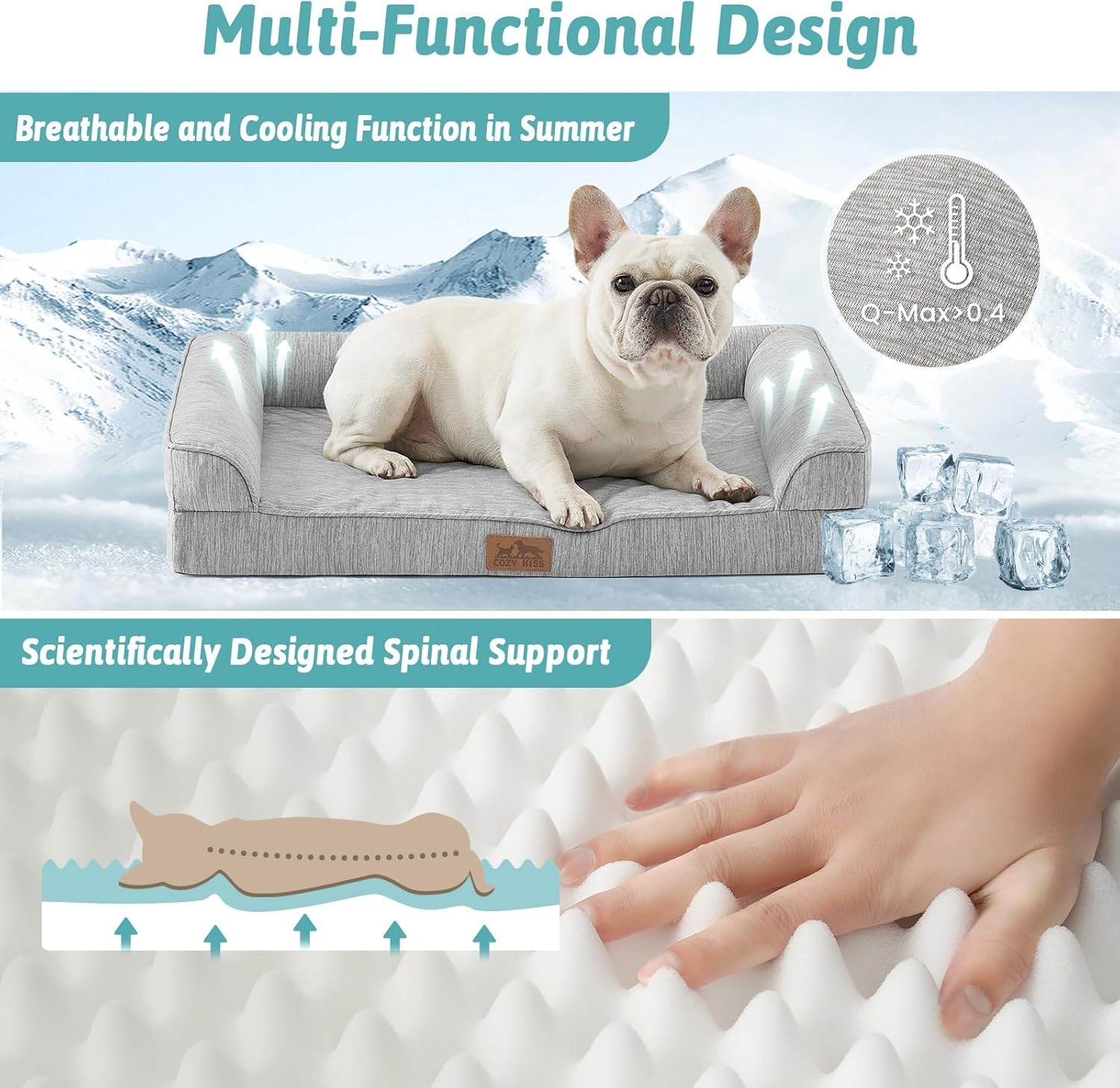 image:imageCOZY KISS Cooling Dog Bed for Summer Orthopedic Foam Dog Bed with Sides Removable Washable Cover amp Waterproof Lining QMax gt04 Cool Pet Beds for Large Dogs Grey 42 L x 30 W x 7 ThGrey