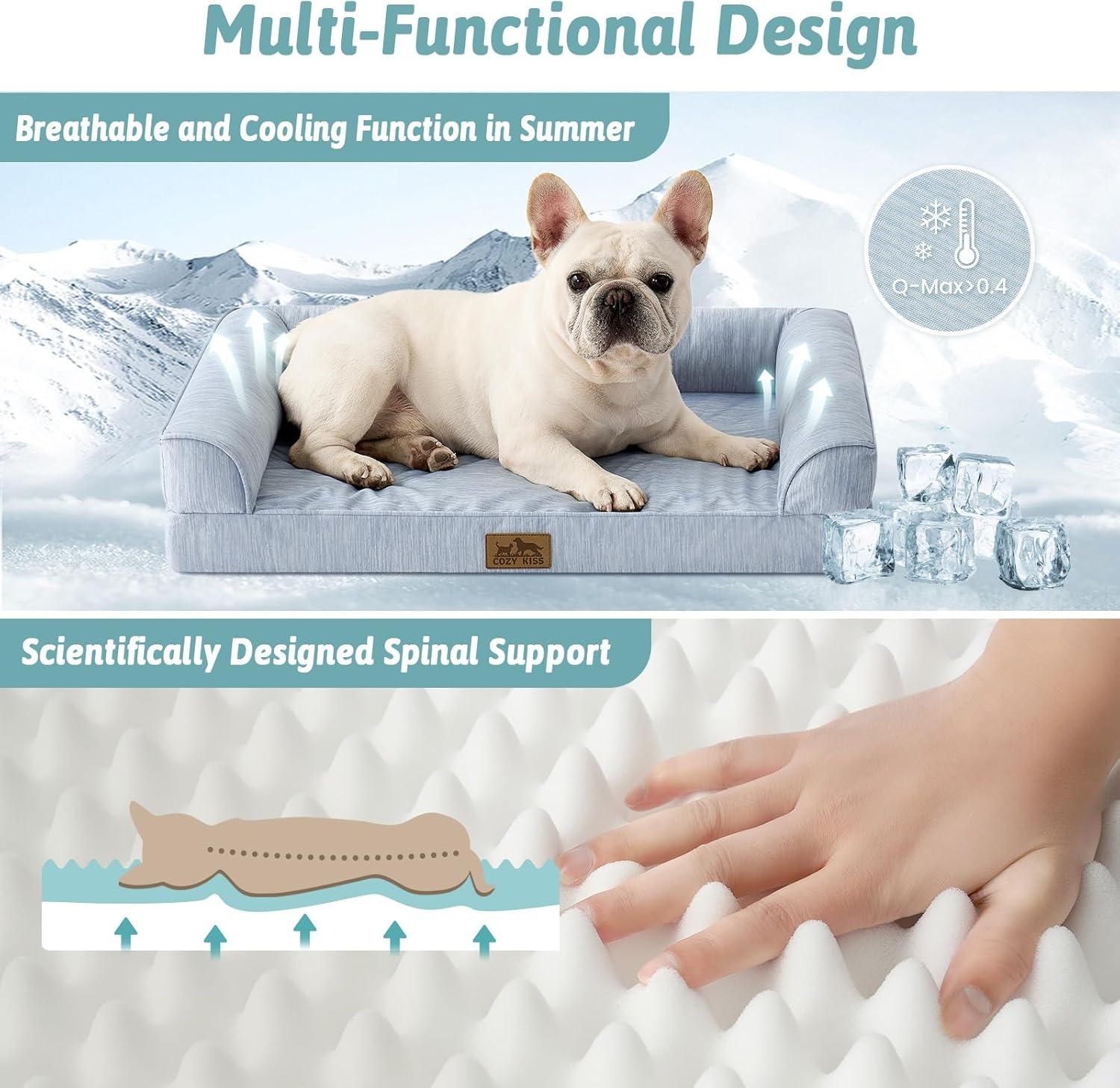 image:imageCOZY KISS Cooling Dog Bed for Summer Orthopedic Foam Dog Bed with Sides Removable Washable Cover amp Waterproof Lining QMax gt04 Cool Pet Beds for Large Dogs Grey 42 L x 30 W x 7 ThBlue