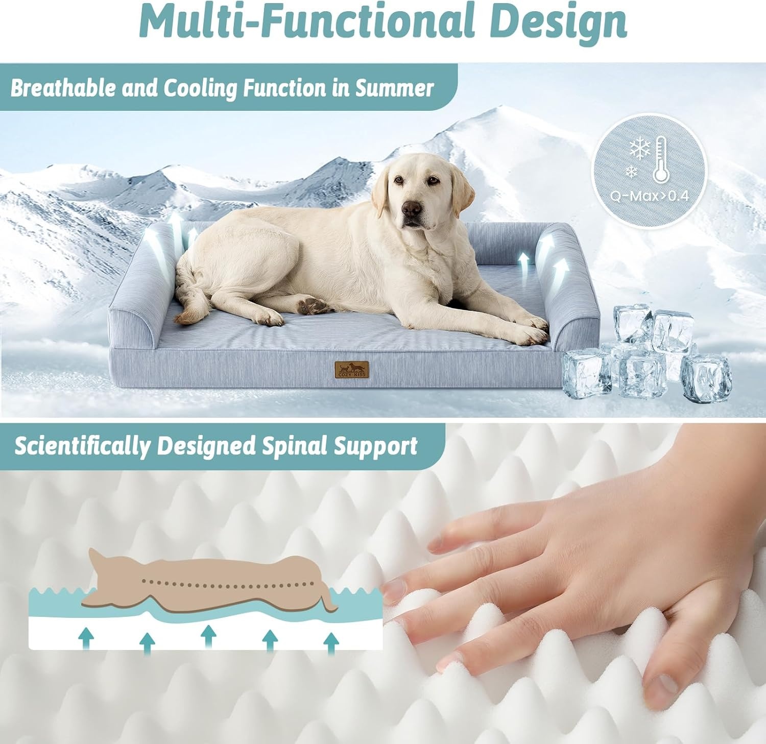 image:imageCOZY KISS Cooling Dog Bed for Summer Orthopedic Foam Dog Bed with Sides Removable Washable Cover amp Waterproof Lining QMax gt04 Cool Pet Beds for Large Dogs Grey 42 L x 30 W x 7 ThBlue