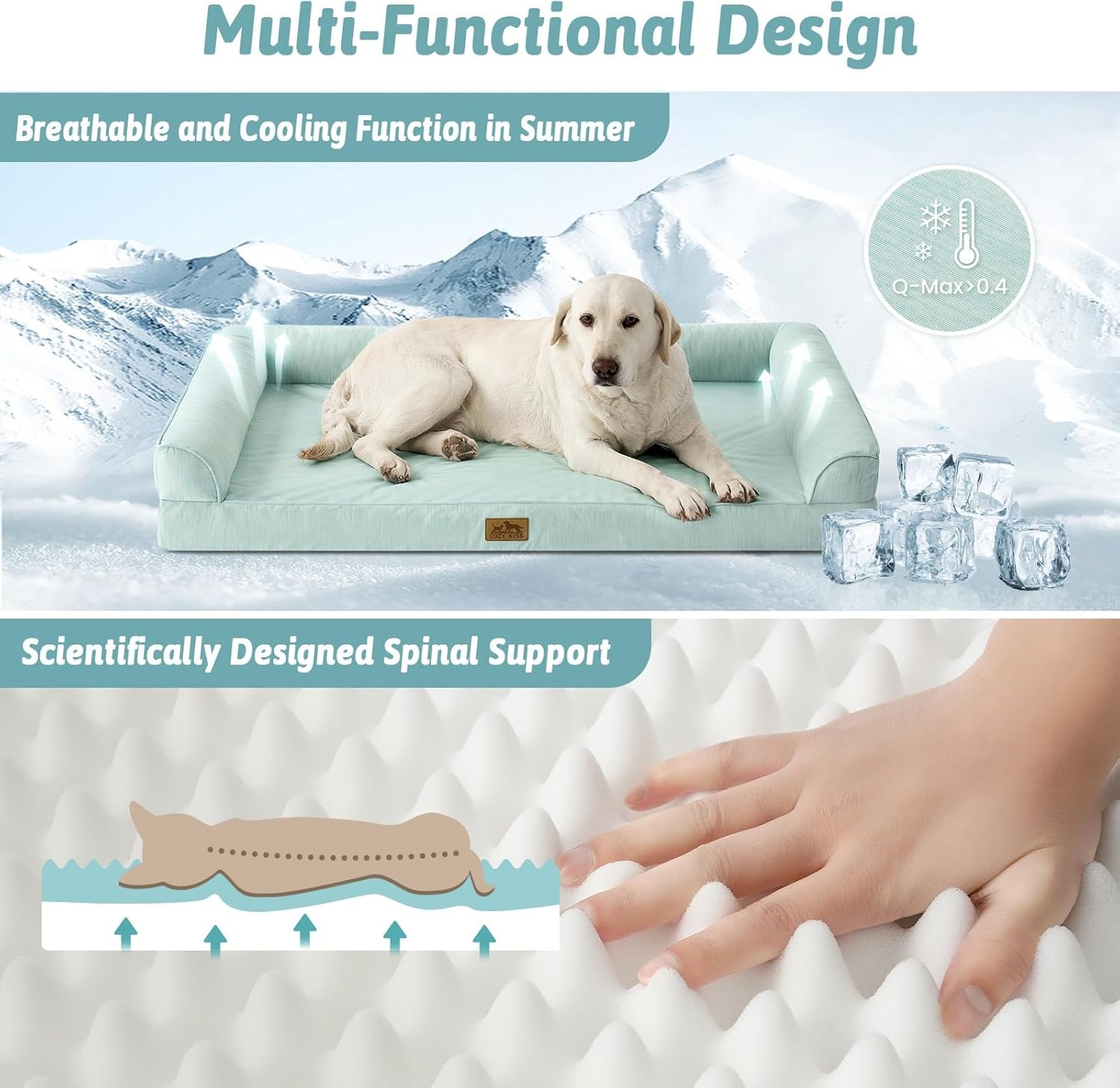image:imageCOZY KISS Cooling Dog Bed for Summer Orthopedic Foam Dog Bed with Sides Removable Washable Cover amp Waterproof Lining QMax gt04 Cool Pet Beds for Large Dogs Grey 42 L x 30 W x 7 ThGreen
