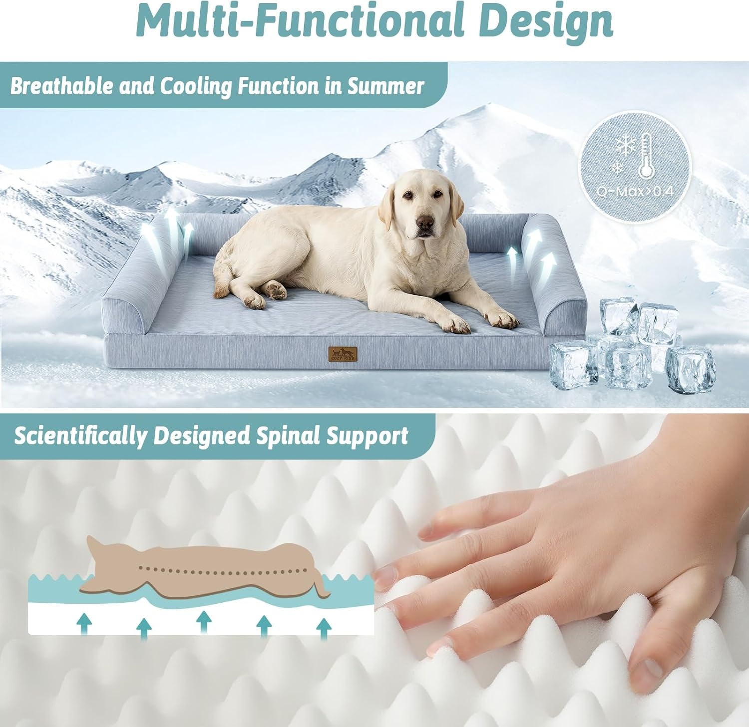 image:imageCOZY KISS Cooling Dog Bed for Summer Orthopedic Foam Dog Bed with Sides Removable Washable Cover amp Waterproof Lining QMax gt04 Cool Pet Beds for Large Dogs Grey 42 L x 30 W x 7 ThBlue