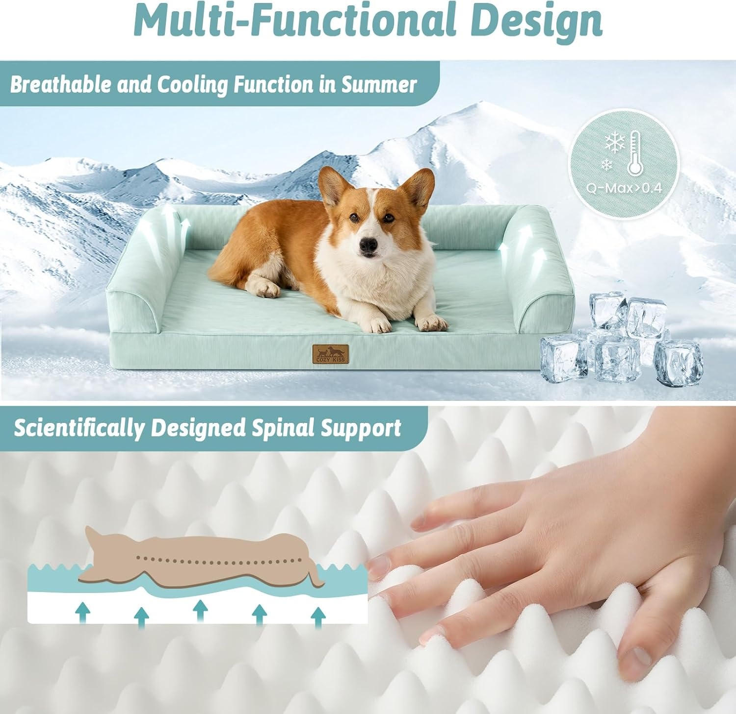 image:imageCOZY KISS Cooling Dog Bed for Summer Orthopedic Foam Dog Bed with Sides Removable Washable Cover amp Waterproof Lining QMax gt04 Cool Pet Beds for Large Dogs Grey 42 L x 30 W x 7 ThGreen