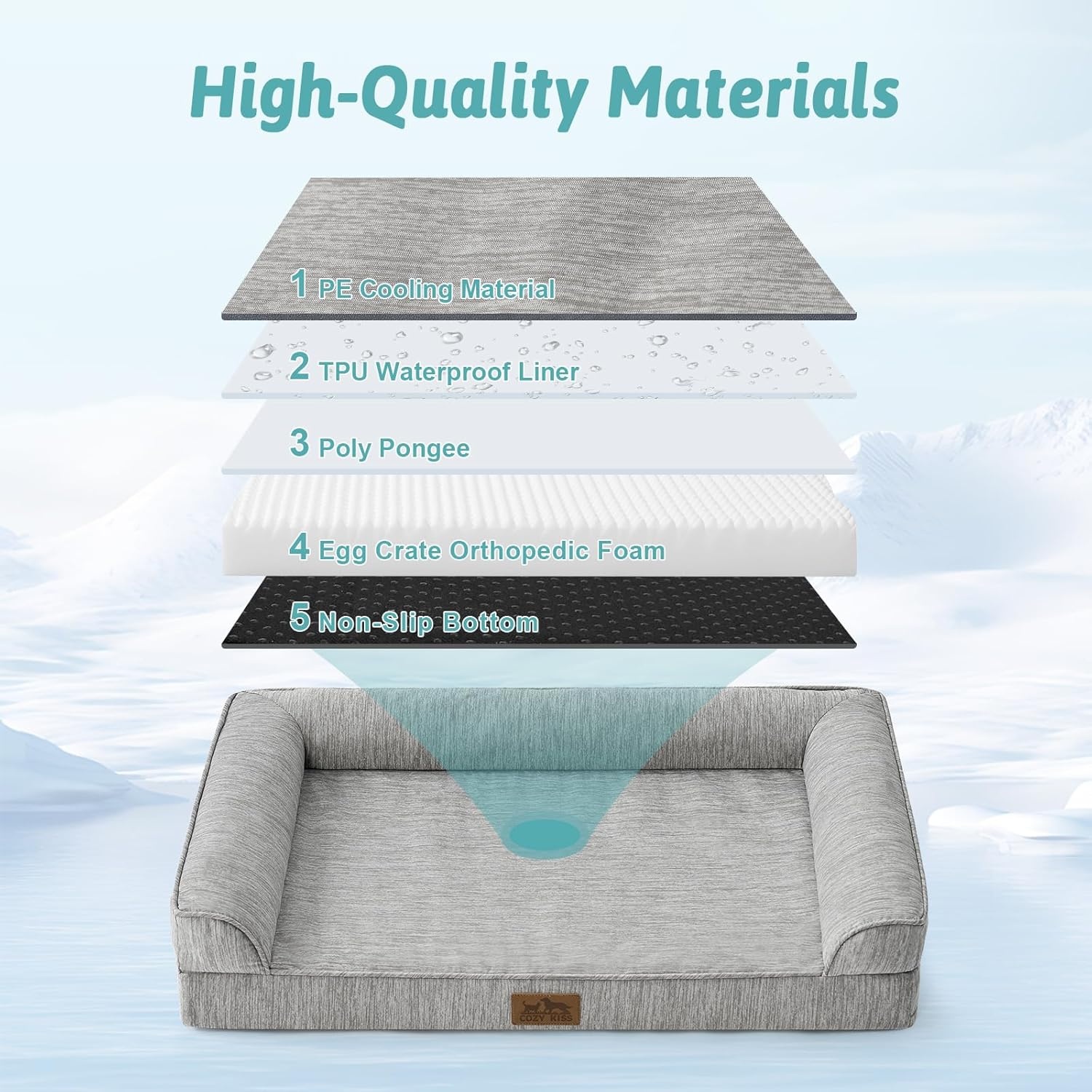 image:imageCOZY KISS Cooling Dog Bed for Summer Orthopedic Foam Dog Bed with Sides Removable Washable Cover amp Waterproof Lining QMax gt04 Cool Pet Beds for Large Dogs Grey 42 L x 30 W x 7 ThGrey