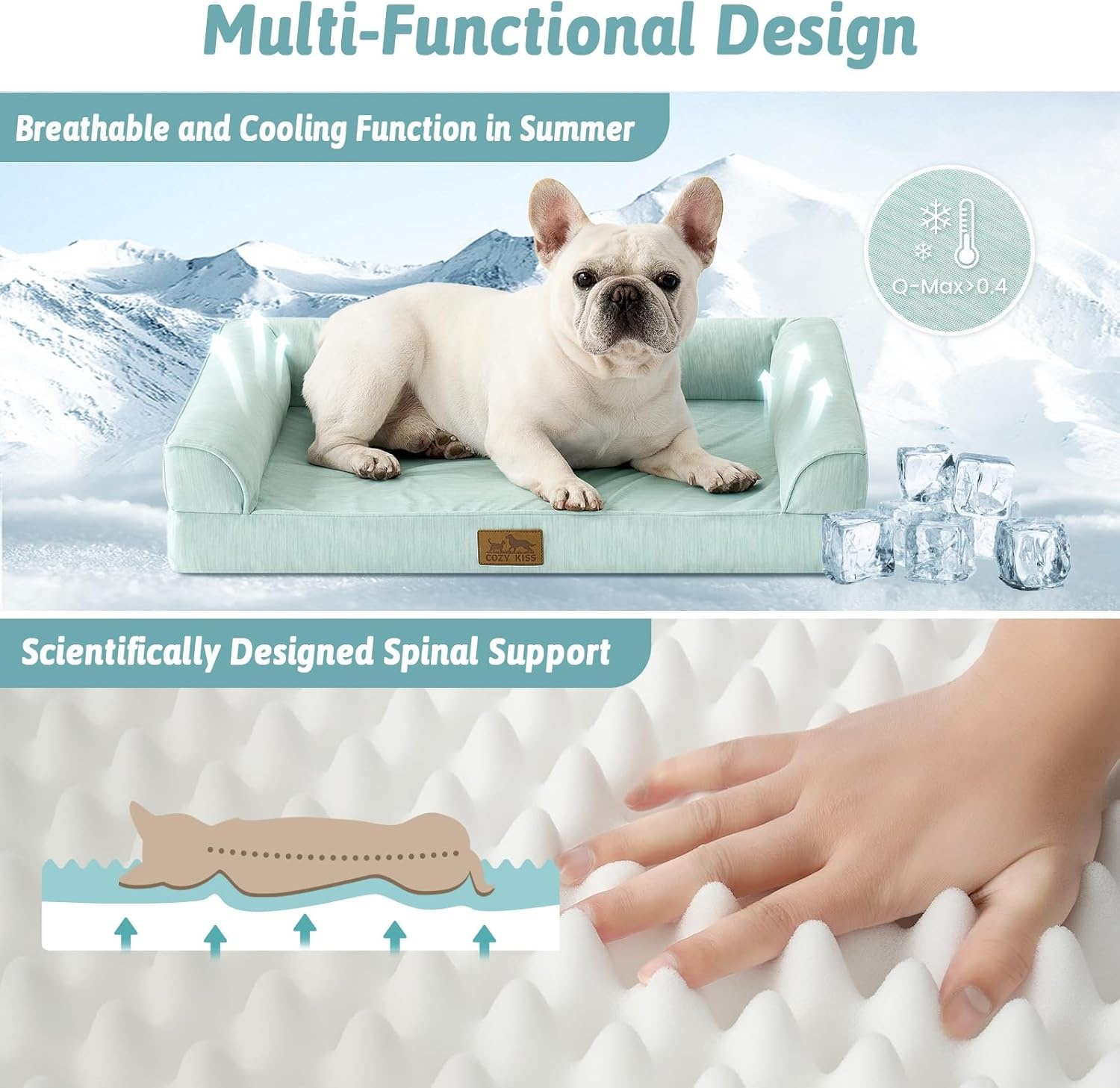 image:imageCOZY KISS Cooling Dog Bed for Summer Orthopedic Foam Dog Bed with Sides Removable Washable Cover amp Waterproof Lining QMax gt04 Cool Pet Beds for Large Dogs Grey 42 L x 30 W x 7 ThGreen