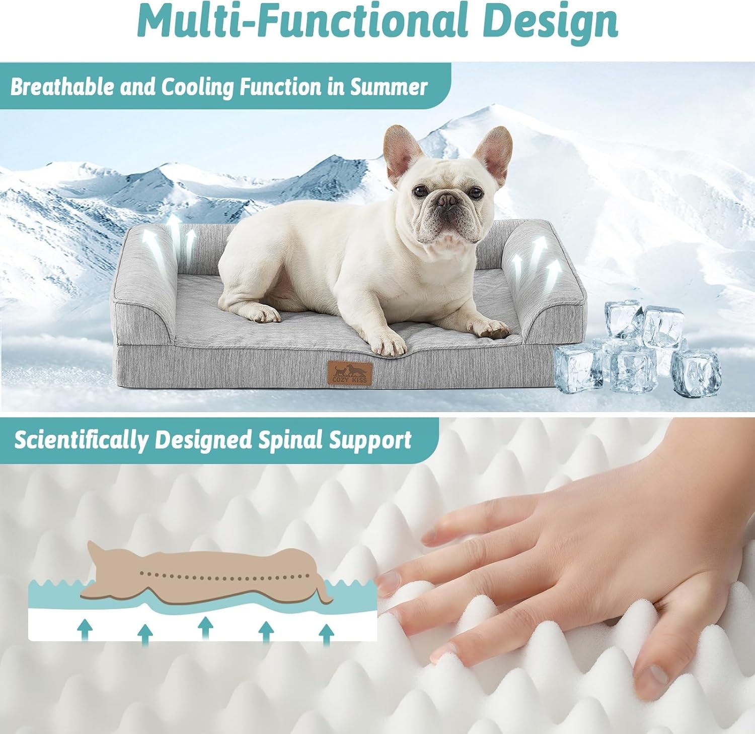 image:imageCOZY KISS Cooling Dog Bed for Summer Orthopedic Foam Dog Bed with Sides Removable Washable Cover amp Waterproof Lining QMax gt04 Cool Pet Beds for Large Dogs Grey 42 L x 30 W x 7 ThGrey