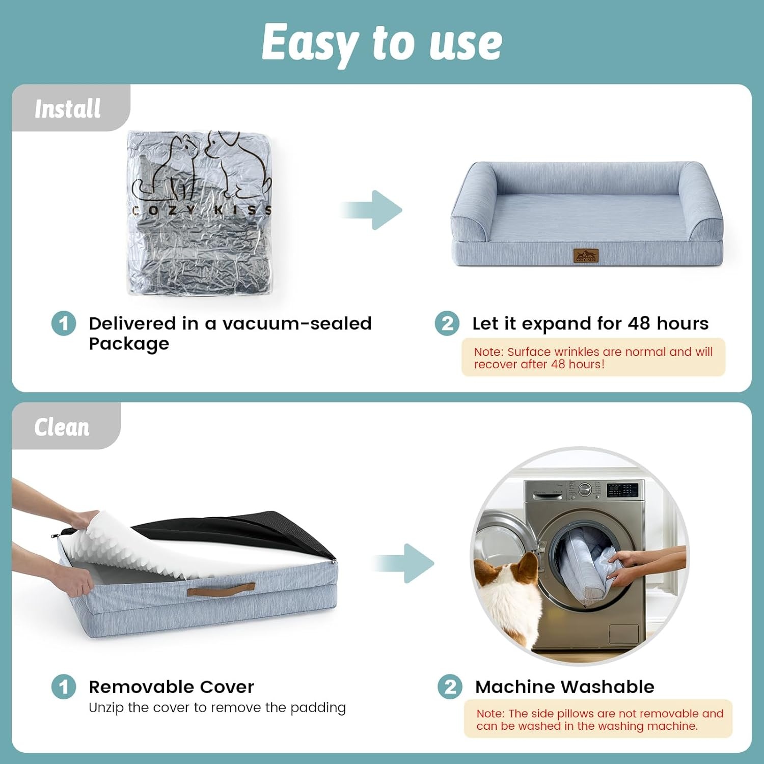 image:imageCOZY KISS Cooling Dog Bed for Summer Orthopedic Foam Dog Bed with Sides Removable Washable Cover amp Waterproof Lining QMax gt04 Cool Pet Beds for Large Dogs Grey 42 L x 30 W x 7 ThBlue