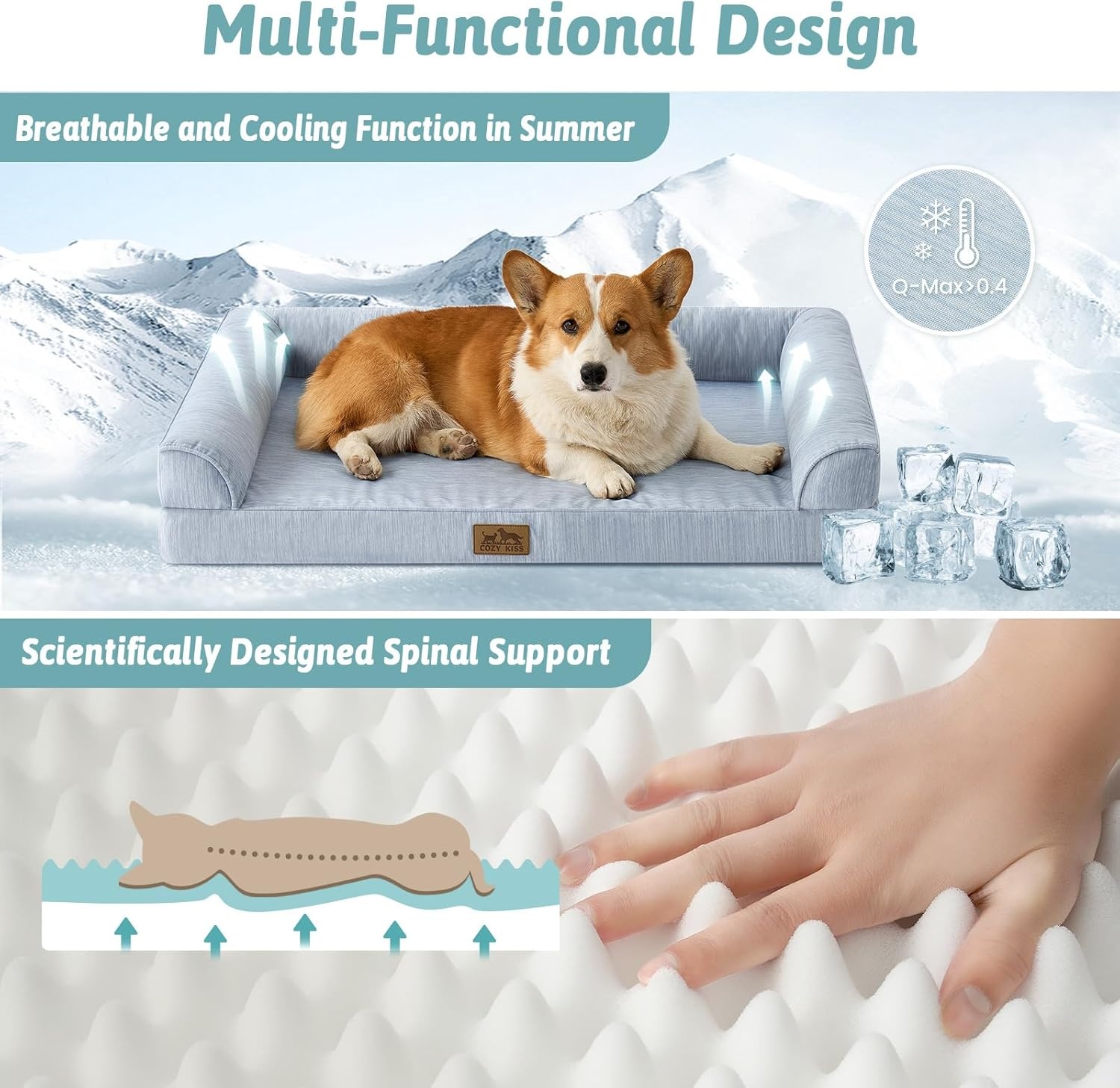 image:imageCOZY KISS Cooling Dog Bed for Summer Orthopedic Foam Dog Bed with Sides Removable Washable Cover amp Waterproof Lining QMax gt04 Cool Pet Beds for Large Dogs Grey 42 L x 30 W x 7 ThBlue