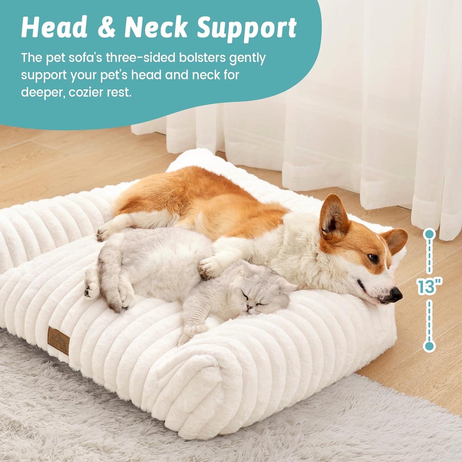 image:imageCOZY KISS Cute Cat Couch Fluffy Sofa Bed for Cats and Small Dogs Premium Faux Rabbit Fur Cats beds for Indoor Cat UltraSoft Supportive Pet Couch Furniture Grey S 255x175Cream