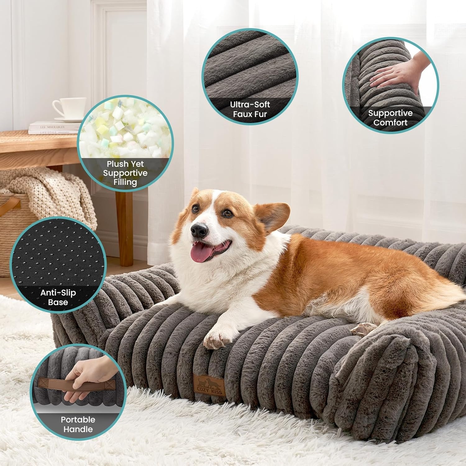 image:imageCOZY KISS Cute Cat Couch Fluffy Sofa Bed for Cats and Small Dogs Premium Faux Rabbit Fur Cats beds for Indoor Cat UltraSoft Supportive Pet Couch Furniture Grey S 255x175Grey