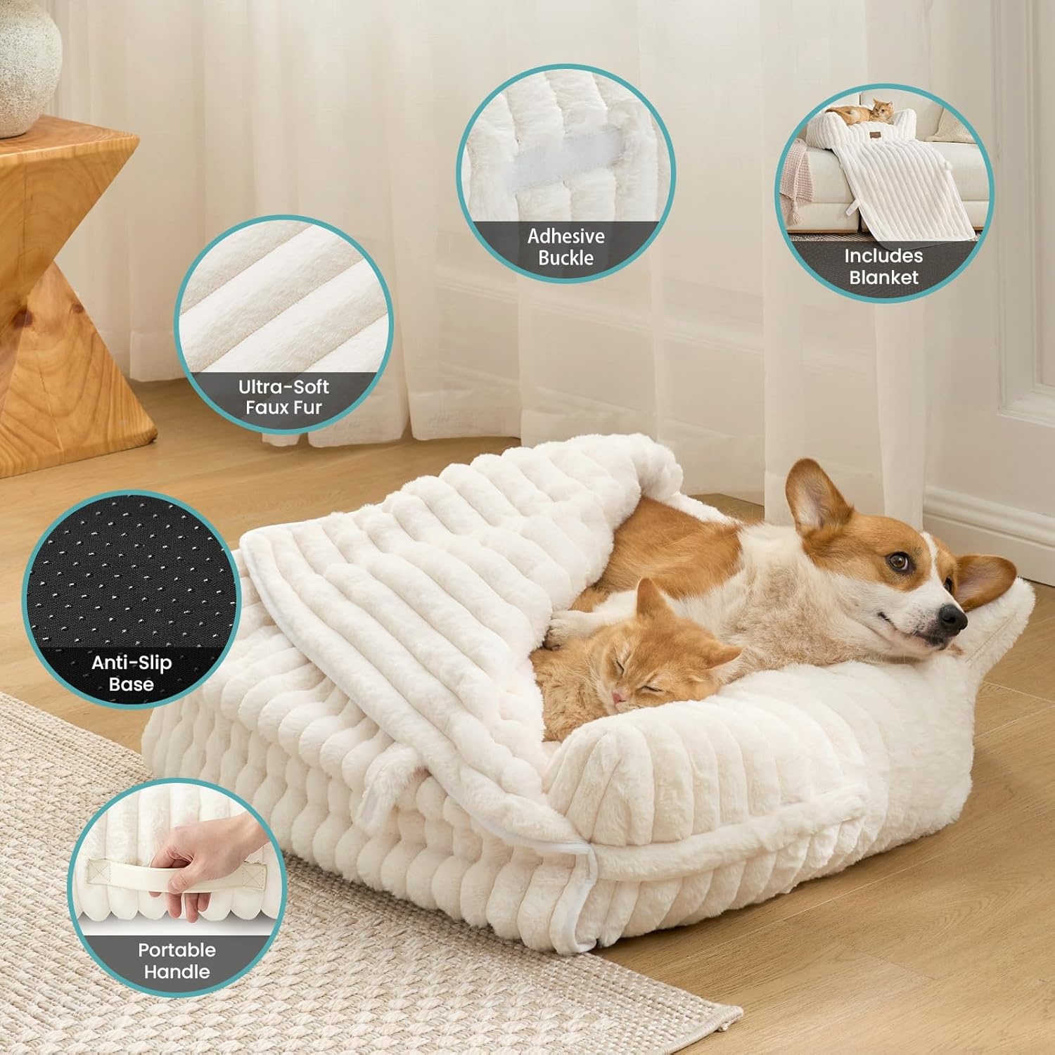 image:imageCOZY KISS Cute Cat Couch Fluffy Sofa Bed for Cats and Small Dogs Premium Faux Rabbit Fur Cats beds for Indoor Cat UltraSoft Supportive Pet Couch Furniture Grey S 255x175Cream