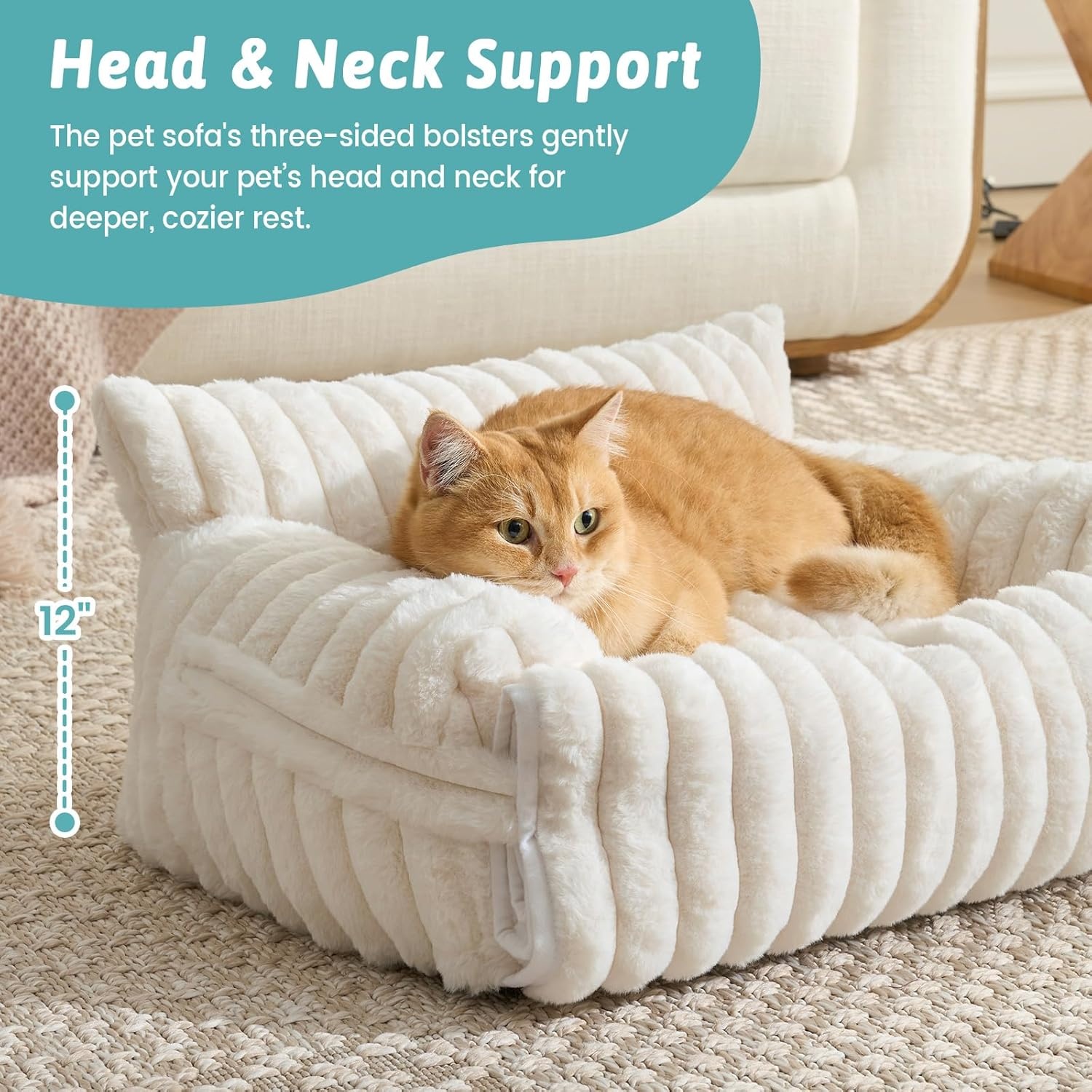 image:imageCOZY KISS Cute Cat Couch Fluffy Sofa Bed for Cats and Small Dogs Premium Faux Rabbit Fur Cats beds for Indoor Cat UltraSoft Supportive Pet Couch Furniture Grey S 255x175Cream