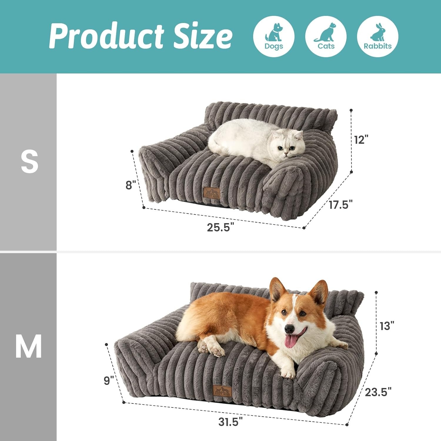 image:imageCOZY KISS Cute Cat Couch Fluffy Sofa Bed for Cats and Small Dogs Premium Faux Rabbit Fur Cats beds for Indoor Cat UltraSoft Supportive Pet Couch Furniture Grey S 255x175Grey