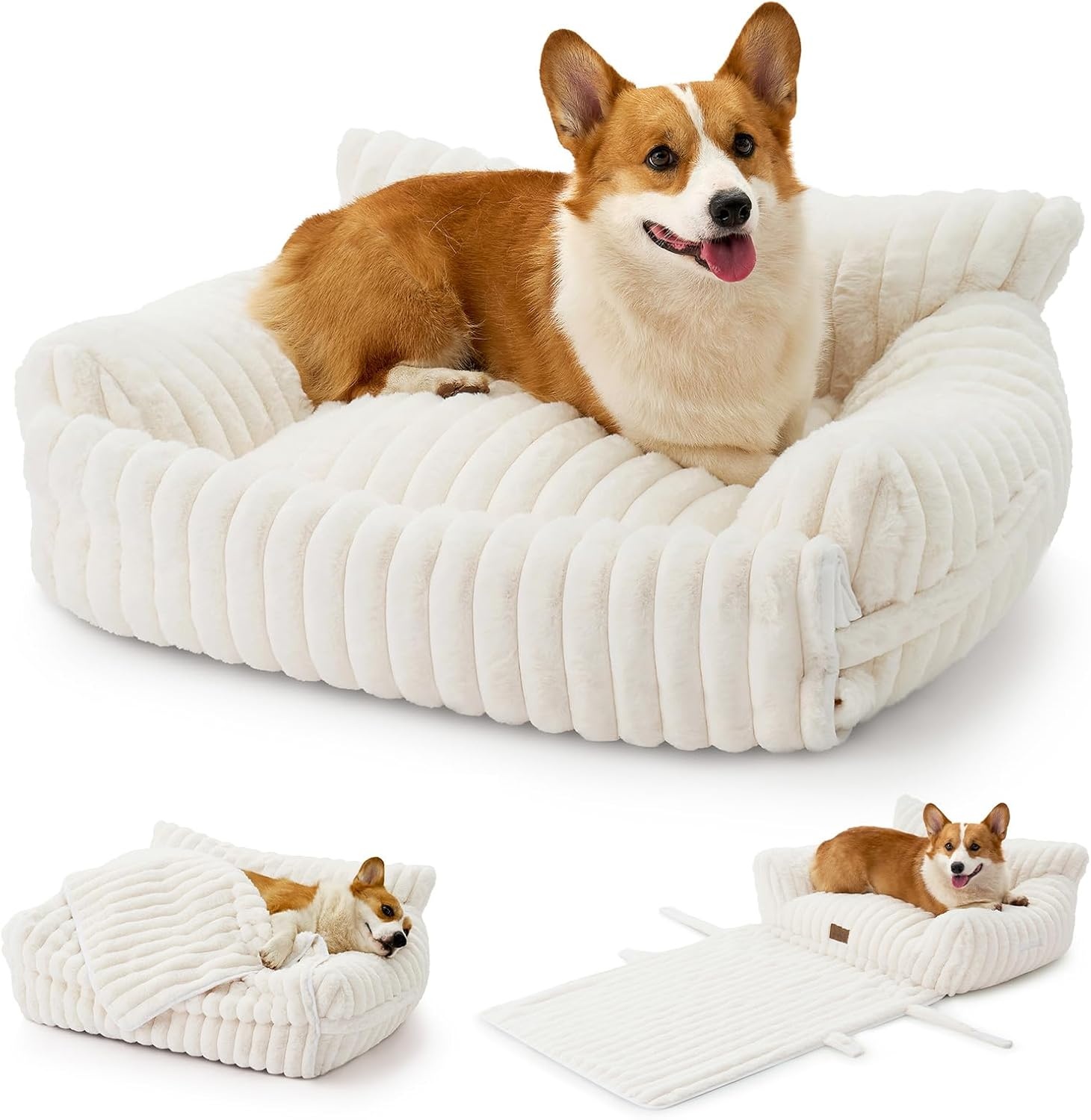 image:imageCOZY KISS Cute Cat Couch Fluffy Sofa Bed for Cats and Small Dogs Premium Faux Rabbit Fur Cats beds for Indoor Cat UltraSoft Supportive Pet Couch Furniture Grey S 255x175Cream