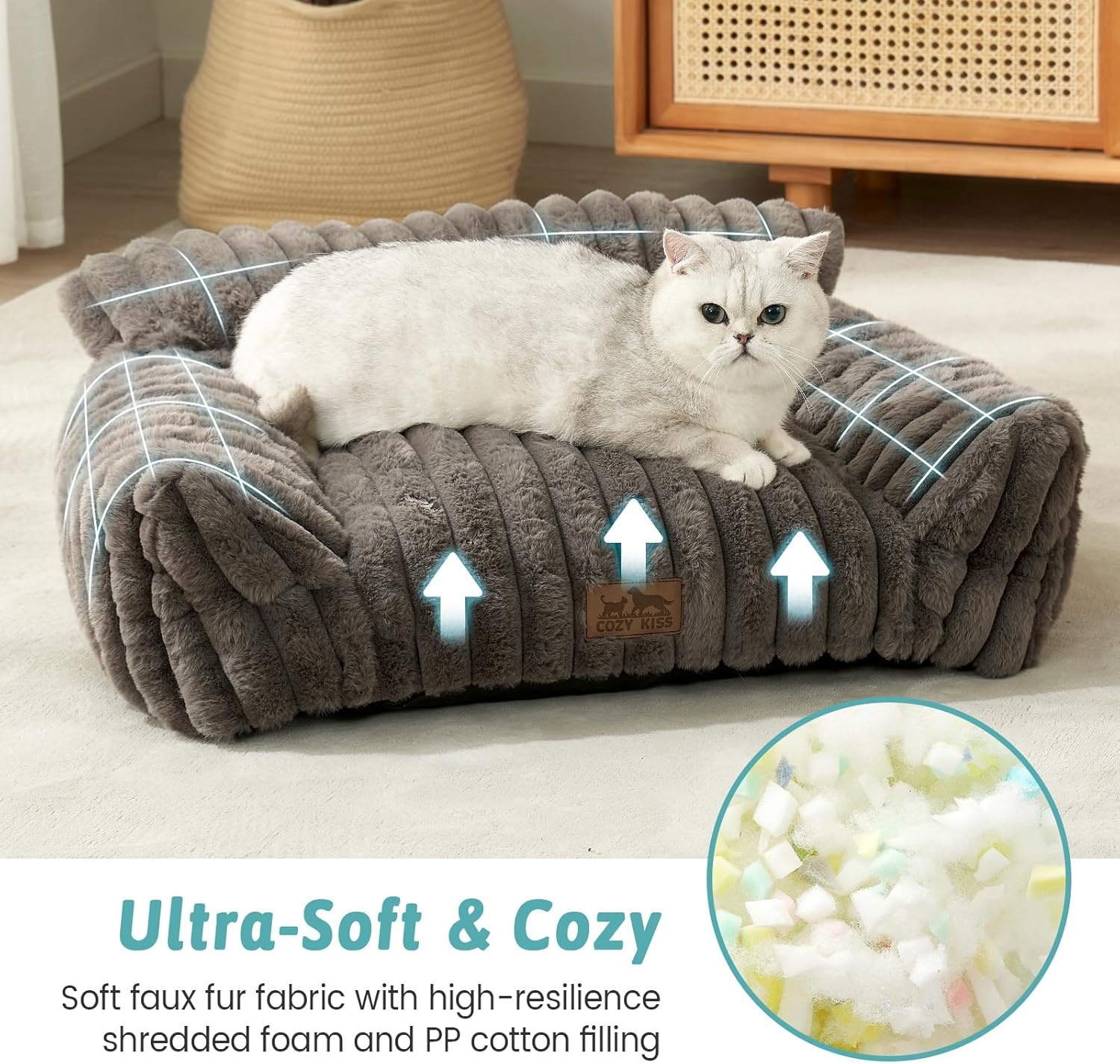 image:imageCOZY KISS Cute Cat Couch Fluffy Sofa Bed for Cats and Small Dogs Premium Faux Rabbit Fur Cats beds for Indoor Cat UltraSoft Supportive Pet Couch Furniture Grey S 255x175Grey