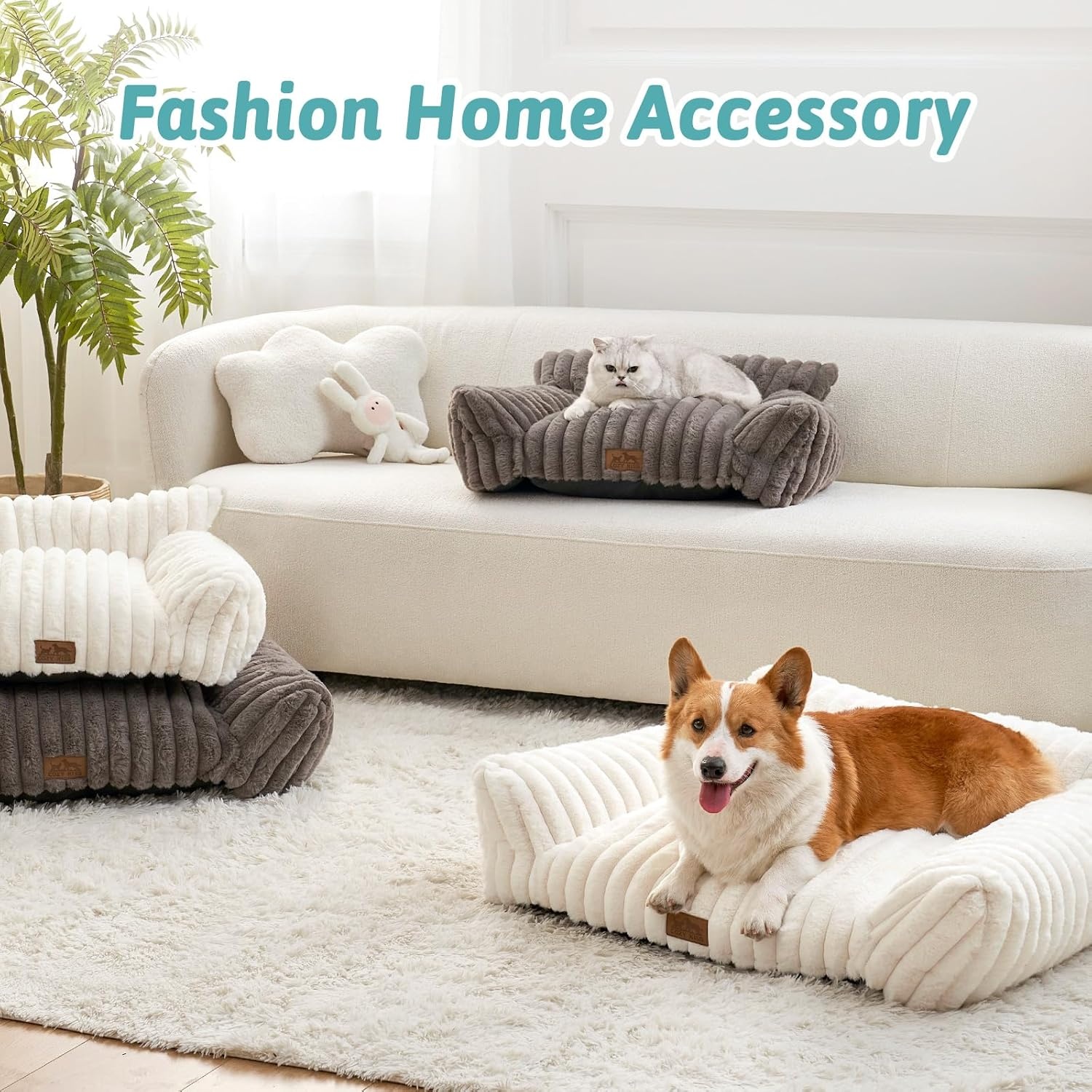 image:imageCOZY KISS Cute Cat Couch Fluffy Sofa Bed for Cats and Small Dogs Premium Faux Rabbit Fur Cats beds for Indoor Cat UltraSoft Supportive Pet Couch Furniture Grey S 255x175Cream