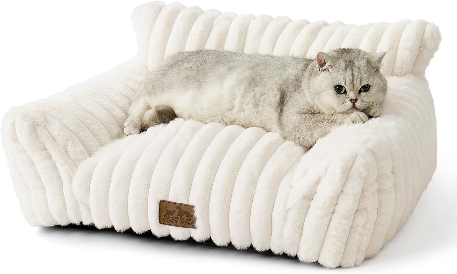 image:imageCOZY KISS Cute Cat Couch Fluffy Sofa Bed for Cats and Small Dogs Premium Faux Rabbit Fur Cats beds for Indoor Cat UltraSoft Supportive Pet Couch Furniture Grey S 255x175Cream