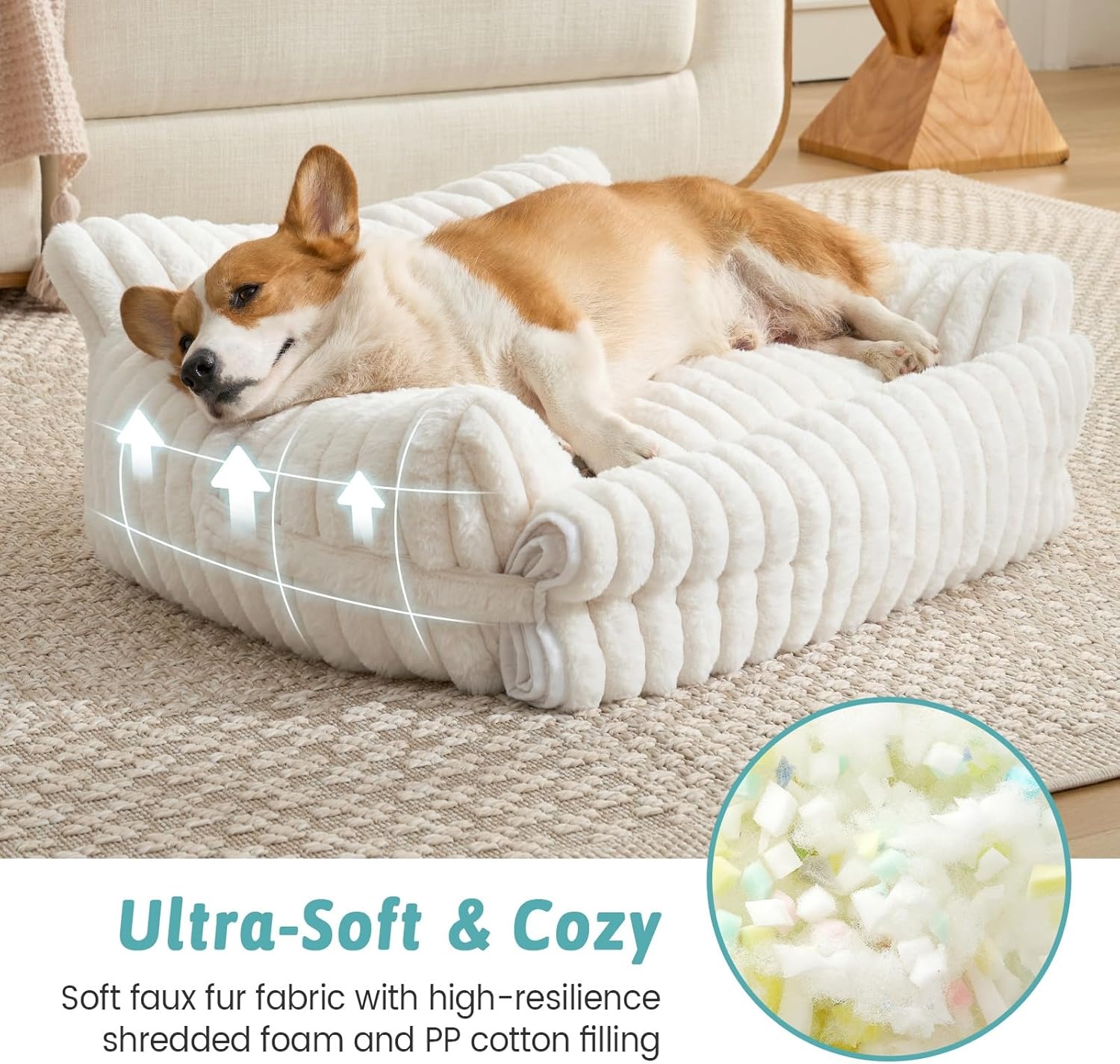 image:imageCOZY KISS Cute Cat Couch Fluffy Sofa Bed for Cats and Small Dogs Premium Faux Rabbit Fur Cats beds for Indoor Cat UltraSoft Supportive Pet Couch Furniture Grey S 255x175Cream