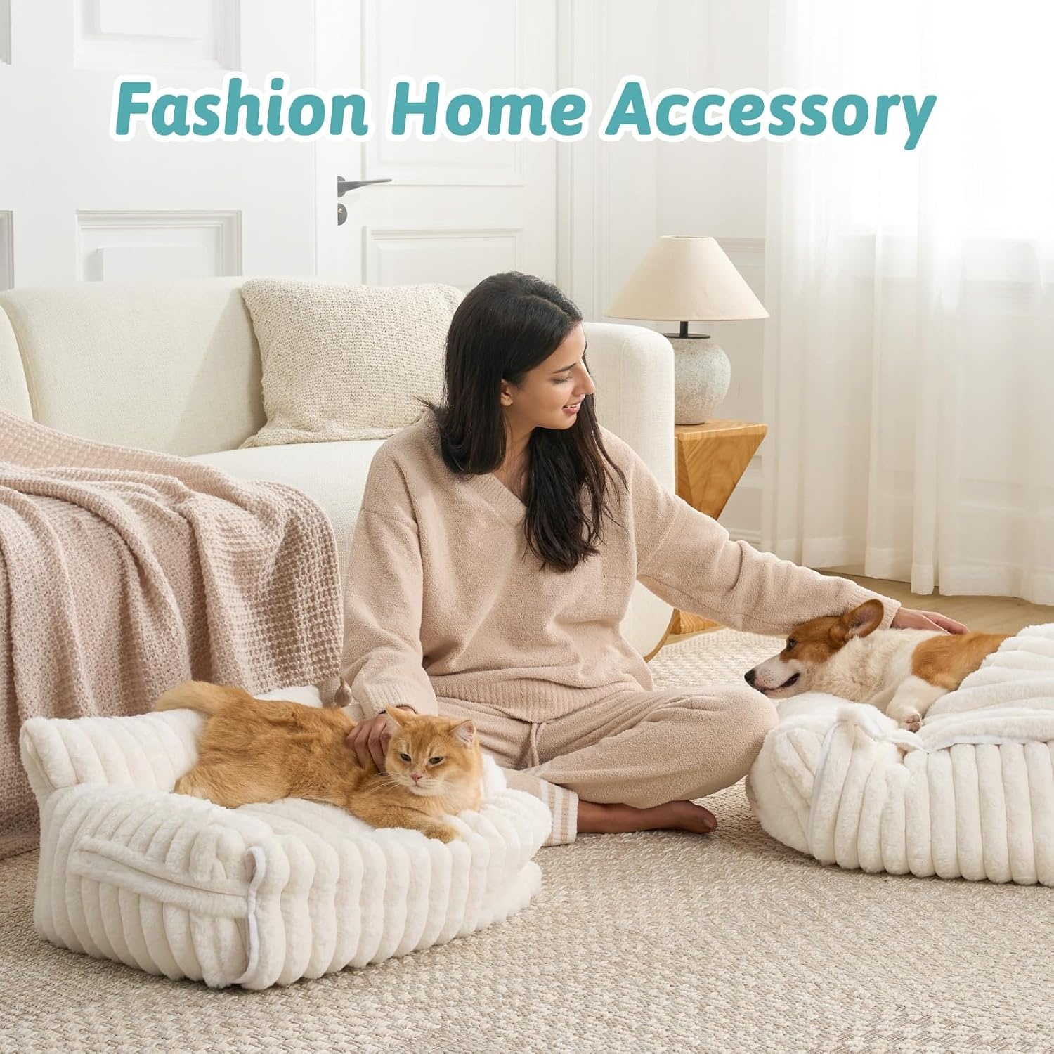 image:imageCOZY KISS Cute Cat Couch Fluffy Sofa Bed for Cats and Small Dogs Premium Faux Rabbit Fur Cats beds for Indoor Cat UltraSoft Supportive Pet Couch Furniture Grey S 255x175Cream
