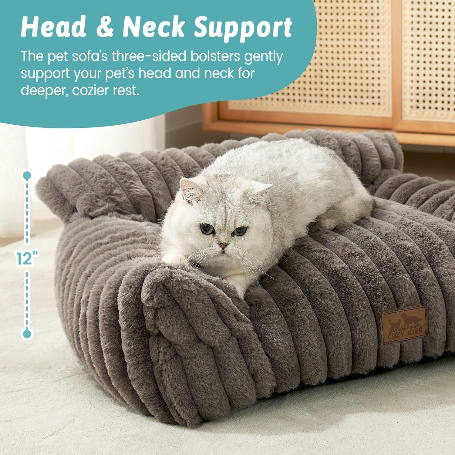 image:imageCOZY KISS Cute Cat Couch Fluffy Sofa Bed for Cats and Small Dogs Premium Faux Rabbit Fur Cats beds for Indoor Cat UltraSoft Supportive Pet Couch Furniture Grey S 255x175Grey