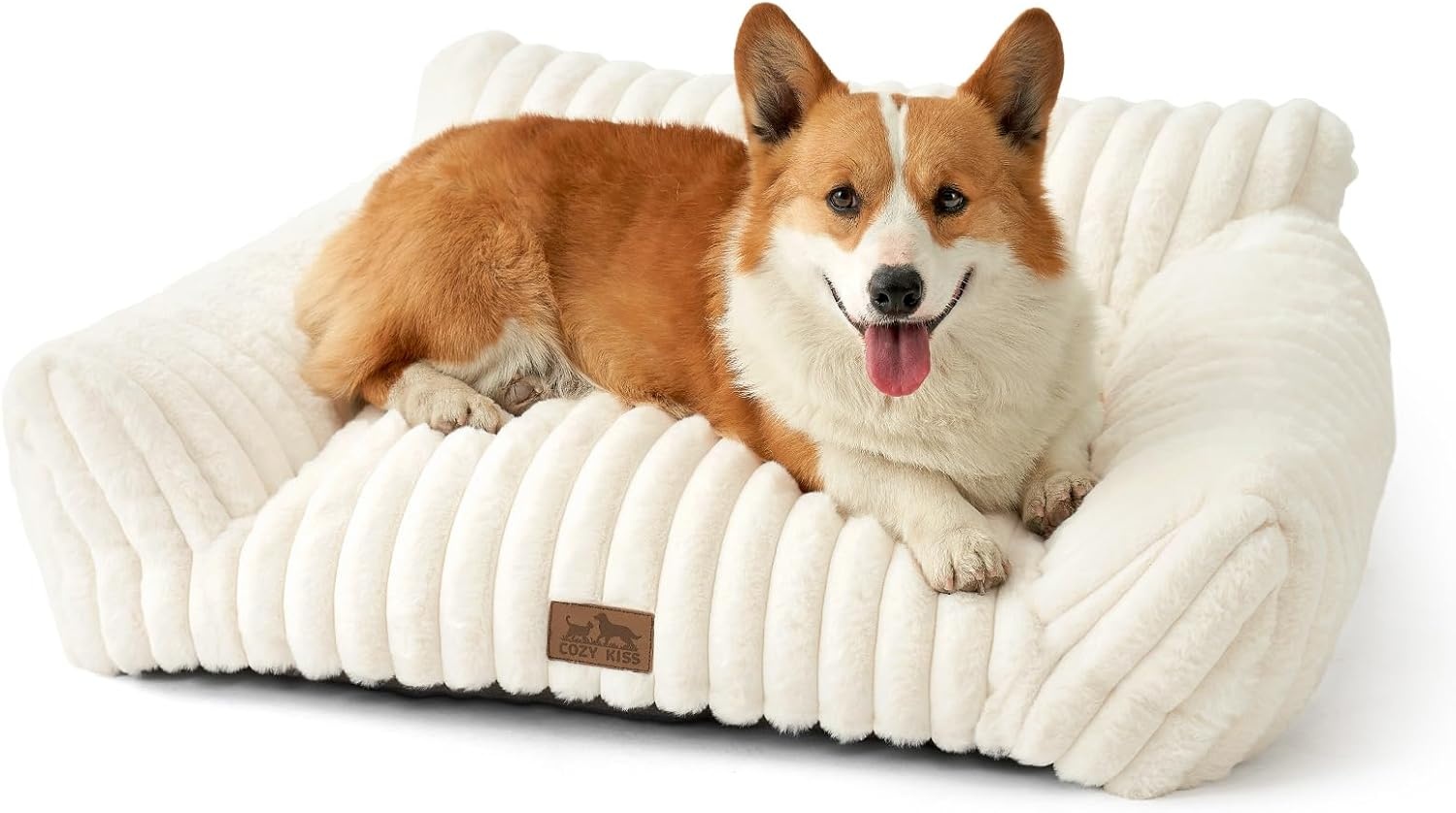 image:imageCOZY KISS Cute Cat Couch Fluffy Sofa Bed for Cats and Small Dogs Premium Faux Rabbit Fur Cats beds for Indoor Cat UltraSoft Supportive Pet Couch Furniture Grey S 255x175Cream