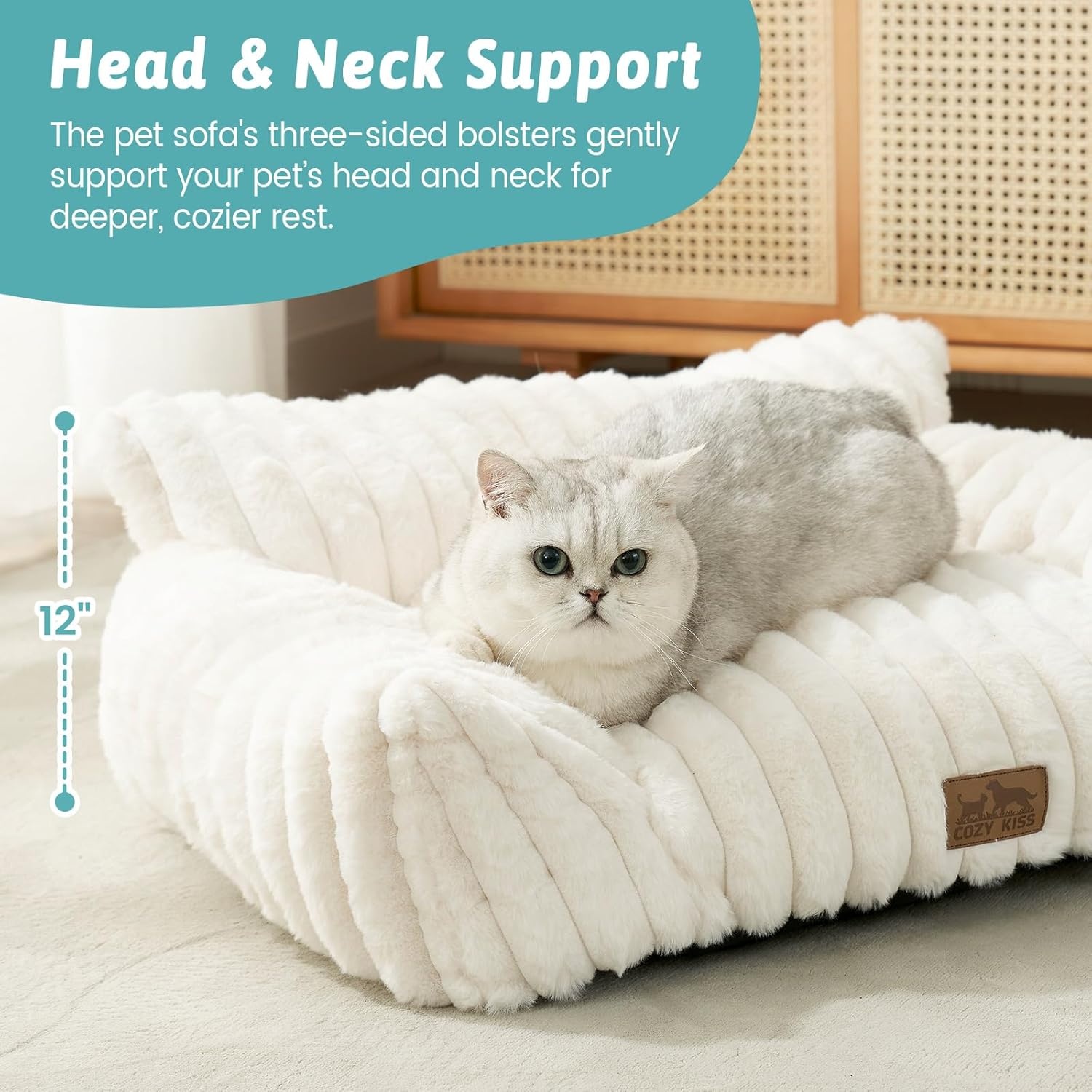 image:imageCOZY KISS Cute Cat Couch Fluffy Sofa Bed for Cats and Small Dogs Premium Faux Rabbit Fur Cats beds for Indoor Cat UltraSoft Supportive Pet Couch Furniture Grey S 255x175Cream