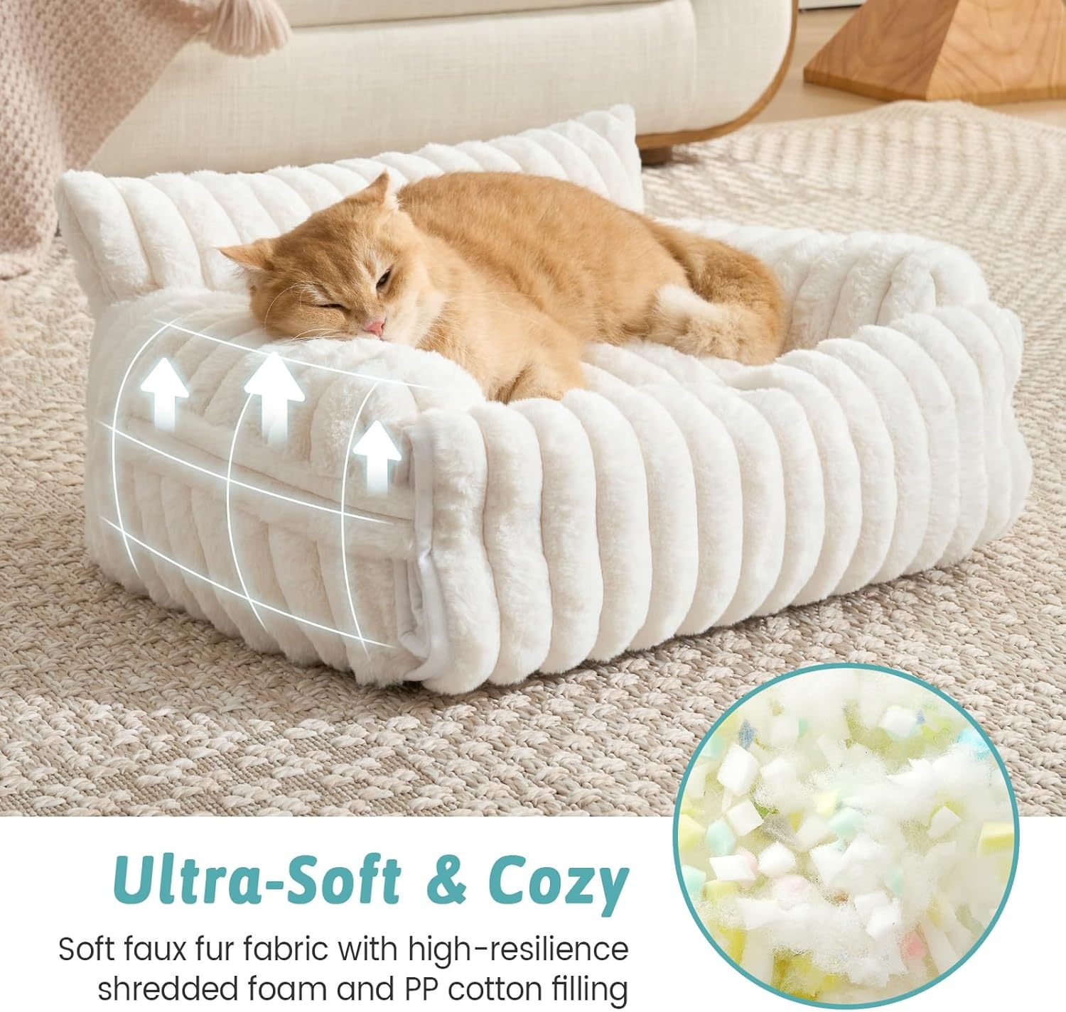 image:imageCOZY KISS Cute Cat Couch Fluffy Sofa Bed for Cats and Small Dogs Premium Faux Rabbit Fur Cats beds for Indoor Cat UltraSoft Supportive Pet Couch Furniture Grey S 255x175Cream