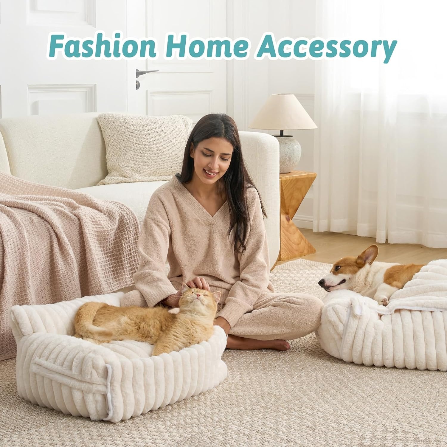 image:imageCOZY KISS Cute Cat Couch Fluffy Sofa Bed for Cats and Small Dogs Premium Faux Rabbit Fur Cats beds for Indoor Cat UltraSoft Supportive Pet Couch Furniture Grey S 255x175Cream