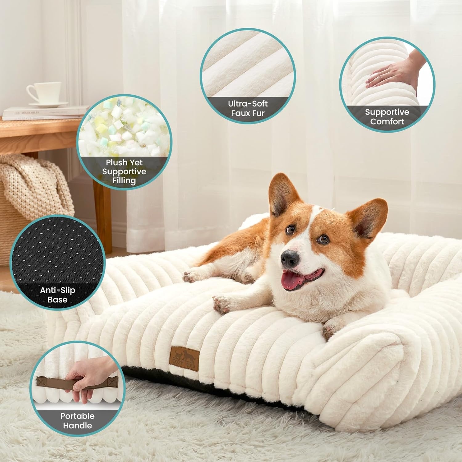 image:imageCOZY KISS Cute Cat Couch Fluffy Sofa Bed for Cats and Small Dogs Premium Faux Rabbit Fur Cats beds for Indoor Cat UltraSoft Supportive Pet Couch Furniture Grey S 255x175Cream