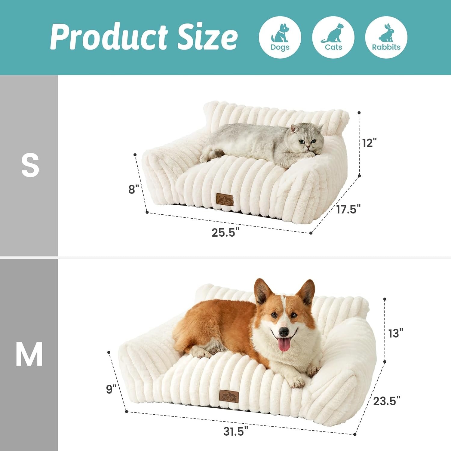 image:imageCOZY KISS Cute Cat Couch Fluffy Sofa Bed for Cats and Small Dogs Premium Faux Rabbit Fur Cats beds for Indoor Cat UltraSoft Supportive Pet Couch Furniture Grey S 255x175Cream