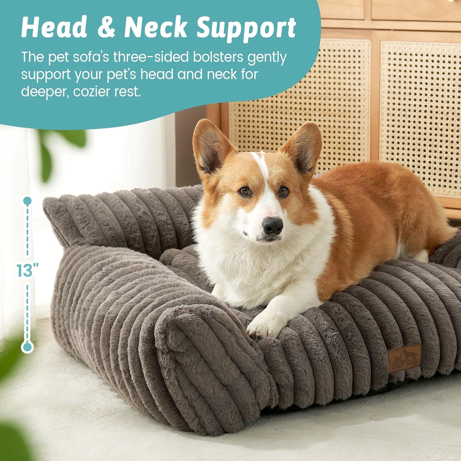 image:imageCOZY KISS Cute Cat Couch Fluffy Sofa Bed for Cats and Small Dogs Premium Faux Rabbit Fur Cats beds for Indoor Cat UltraSoft Supportive Pet Couch Furniture Grey S 255x175Grey