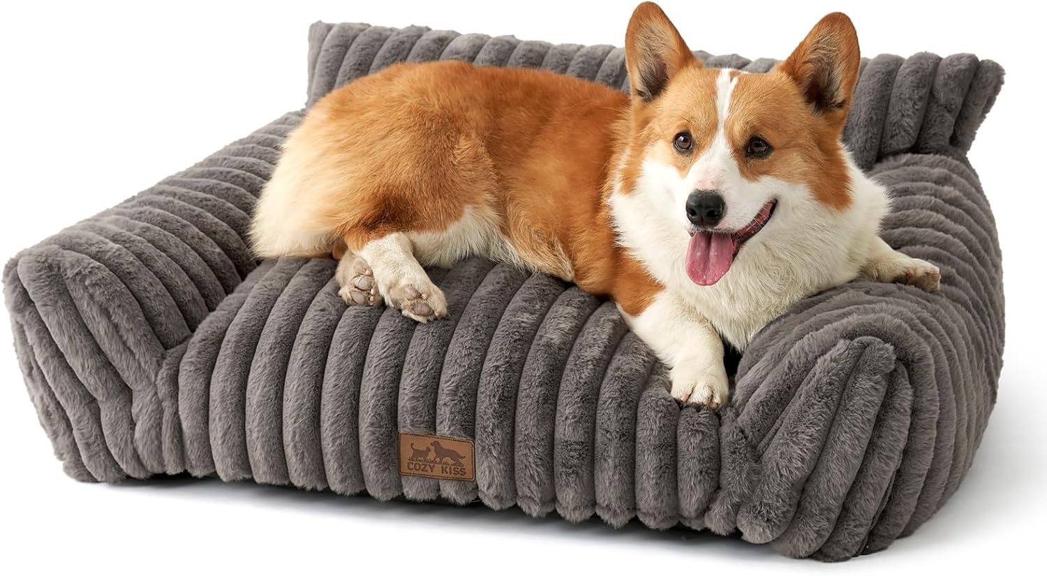 image:imageCOZY KISS Cute Cat Couch Fluffy Sofa Bed for Cats and Small Dogs Premium Faux Rabbit Fur Cats beds for Indoor Cat UltraSoft Supportive Pet Couch Furniture Grey S 255x175Grey