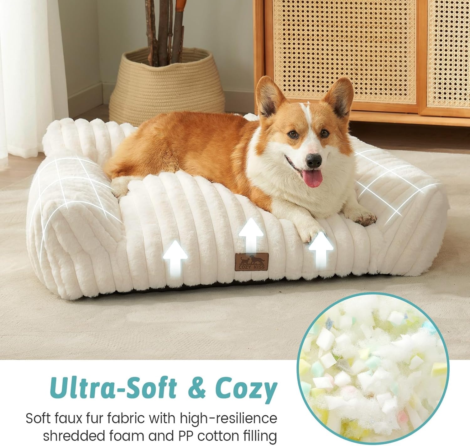 image:imageCOZY KISS Cute Cat Couch Fluffy Sofa Bed for Cats and Small Dogs Premium Faux Rabbit Fur Cats beds for Indoor Cat UltraSoft Supportive Pet Couch Furniture Grey S 255x175Cream