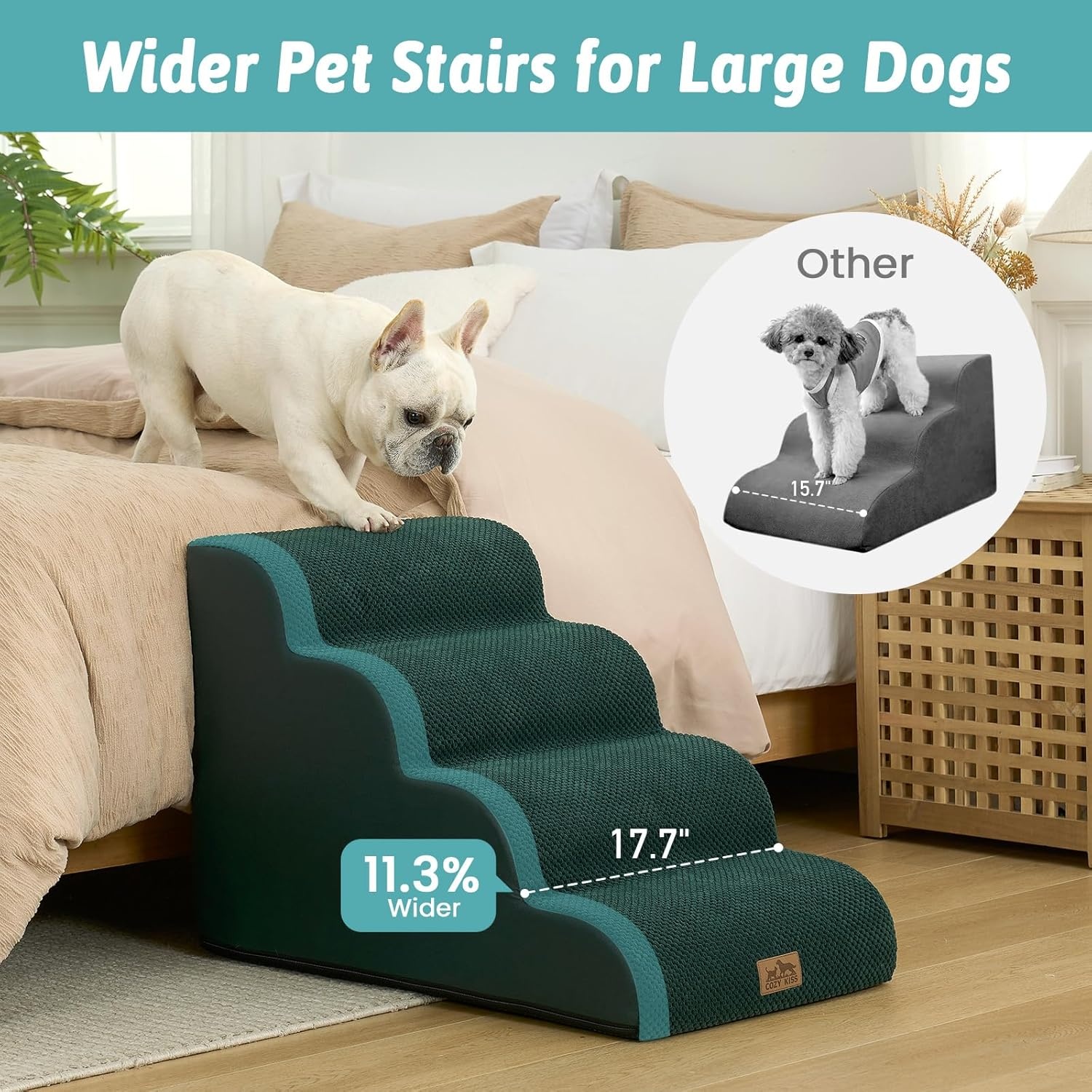 image:imageCOZY KISS Dog Stairs for Small Dog 226 H Curved Pet Step for Puppy Older Cat Medium Pet Ramp for High Bed Ladder with High Density Foam Durable 5 Step 157x33x226 inch GreyDark Green