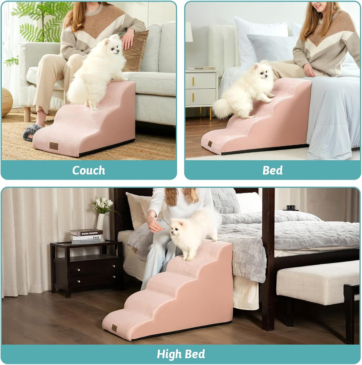 image:imageCOZY KISS Dog Stairs for Small Dog 226 H Curved Pet Step for Puppy Older Cat Medium Pet Ramp for High Bed Ladder with High Density Foam Durable 5 Step 157x33x226 inch GreyPink