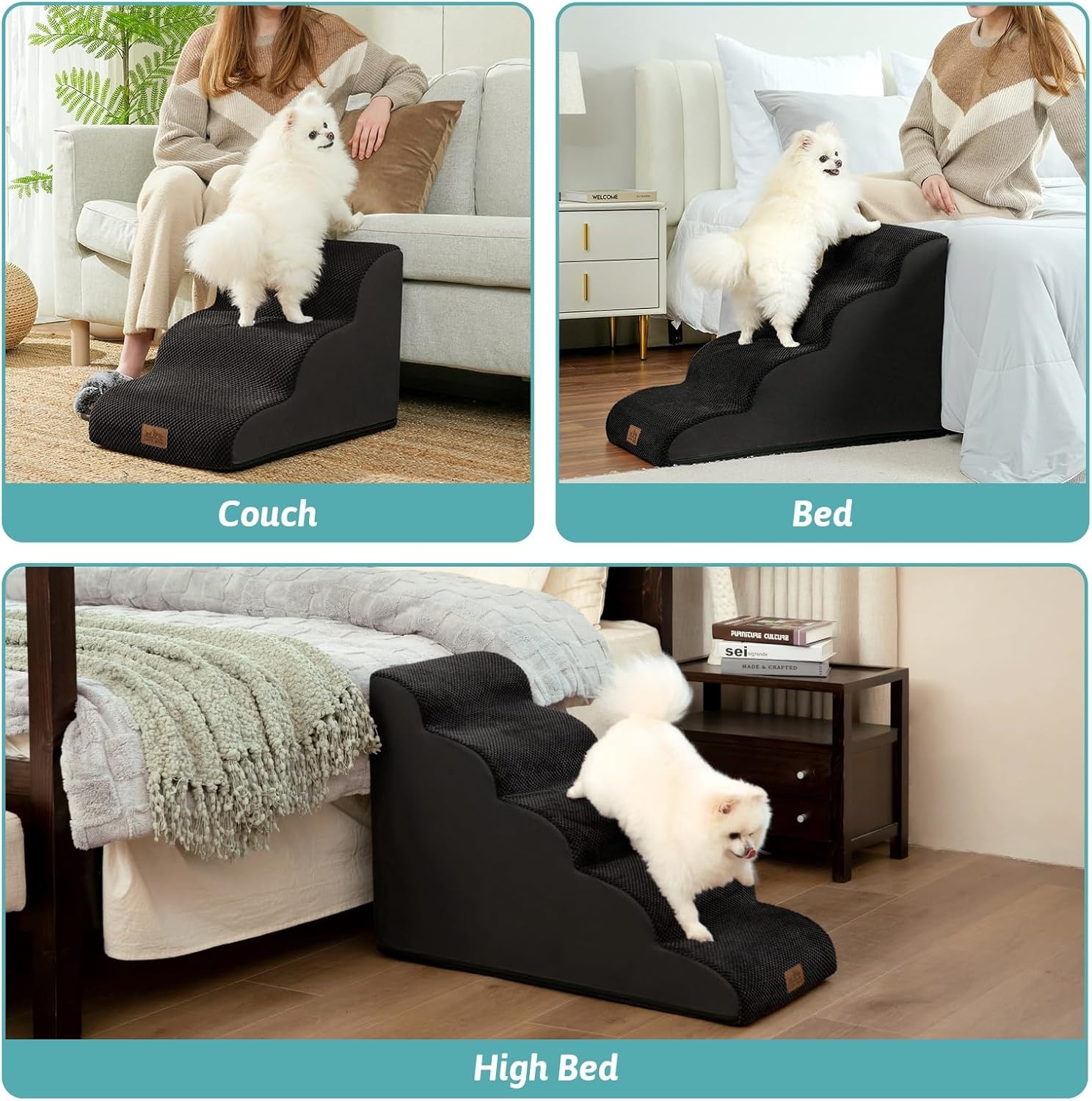 image:imageCOZY KISS Dog Stairs for Small Dog 226 H Curved Pet Step for Puppy Older Cat Medium Pet Ramp for High Bed Ladder with High Density Foam Durable 5 Step 157x33x226 inch GreyBlack