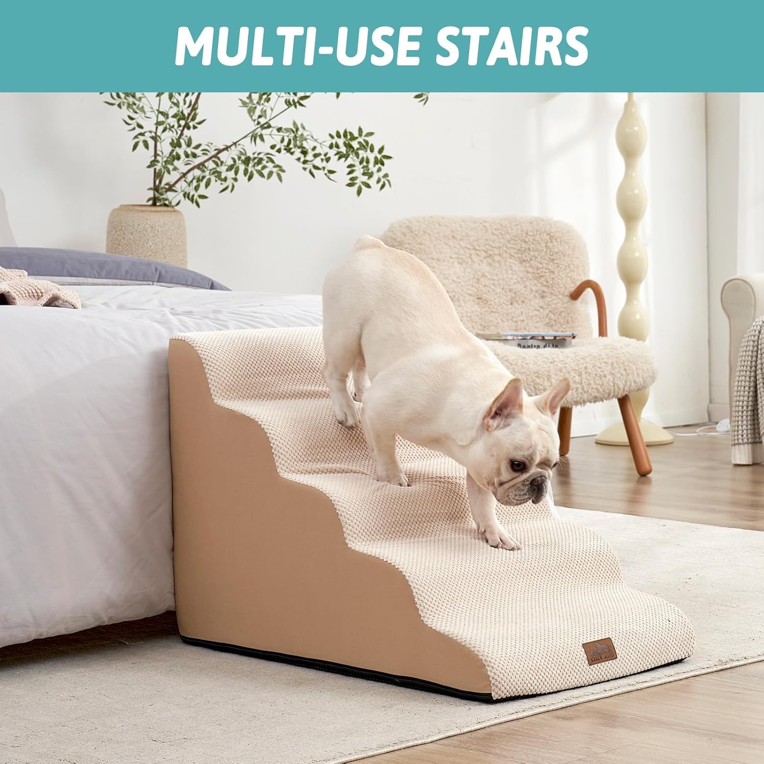image:imageCOZY KISS Dog Stairs for Small Dog 226 H Curved Pet Step for Puppy Older Cat Medium Pet Ramp for High Bed Ladder with High Density Foam Durable 5 Step 157x33x226 inch GreyBeige
