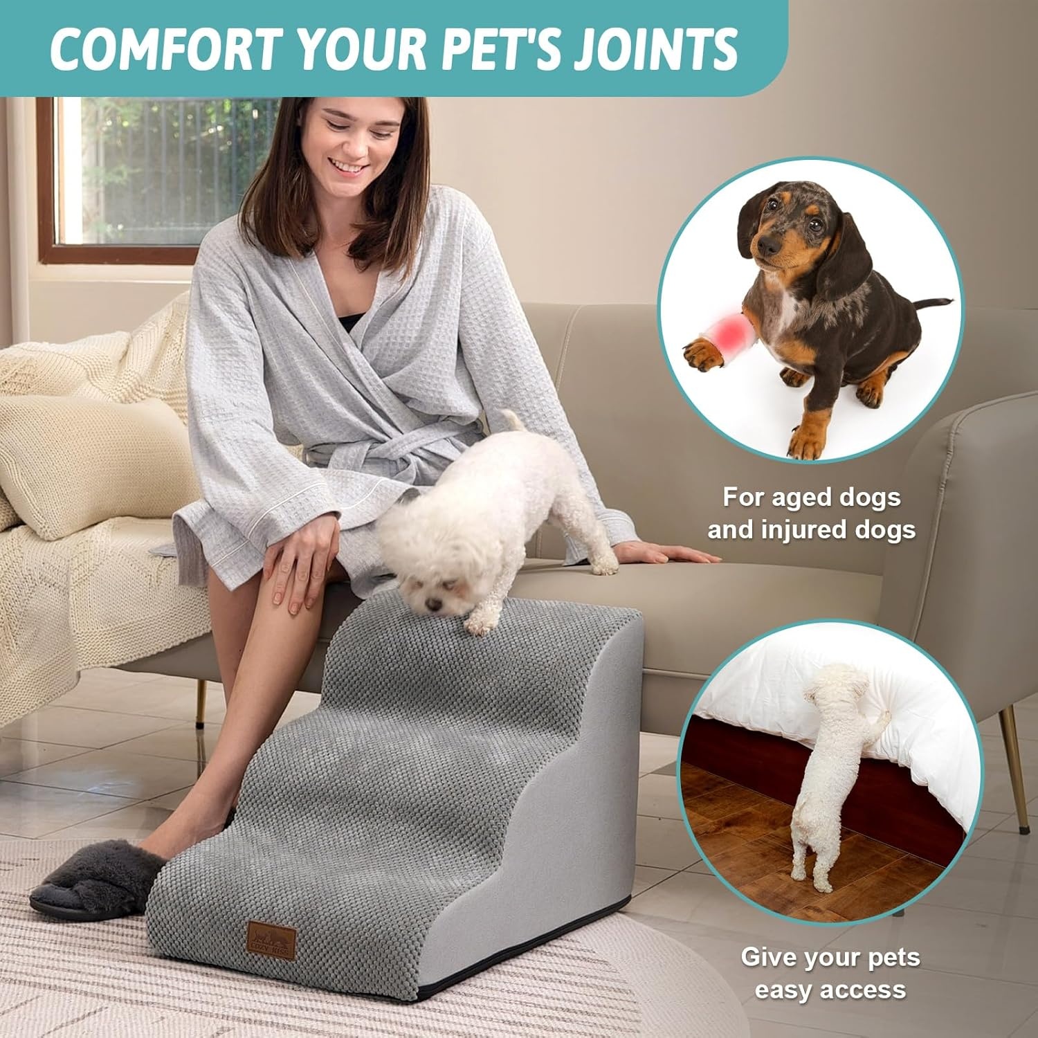 image:imageCOZY KISS Dog Stairs for Small Dog 226 H Curved Pet Step for Puppy Older Cat Medium Pet Ramp for High Bed Ladder with High Density Foam Durable 5 Step 157x33x226 inch GreyGrey