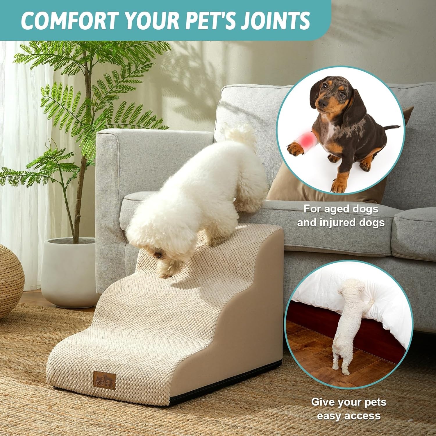 image:imageCOZY KISS Dog Stairs for Small Dog 226 H Curved Pet Step for Puppy Older Cat Medium Pet Ramp for High Bed Ladder with High Density Foam Durable 5 Step 157x33x226 inch GreyBeige