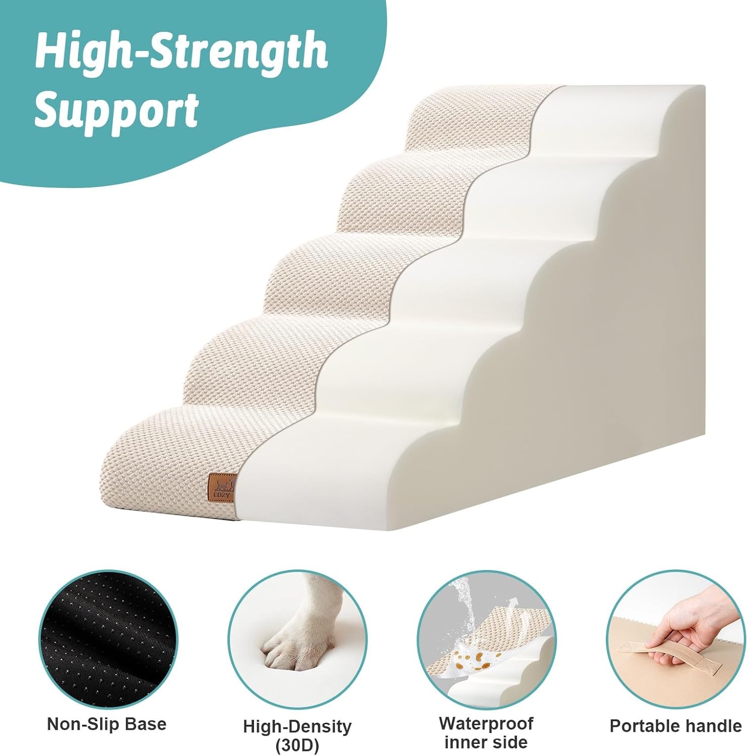 image:imageCOZY KISS Dog Stairs for Small Dog 226 H Curved Pet Step for Puppy Older Cat Medium Pet Ramp for High Bed Ladder with High Density Foam Durable 5 Step 157x33x226 inch GreyBeige
