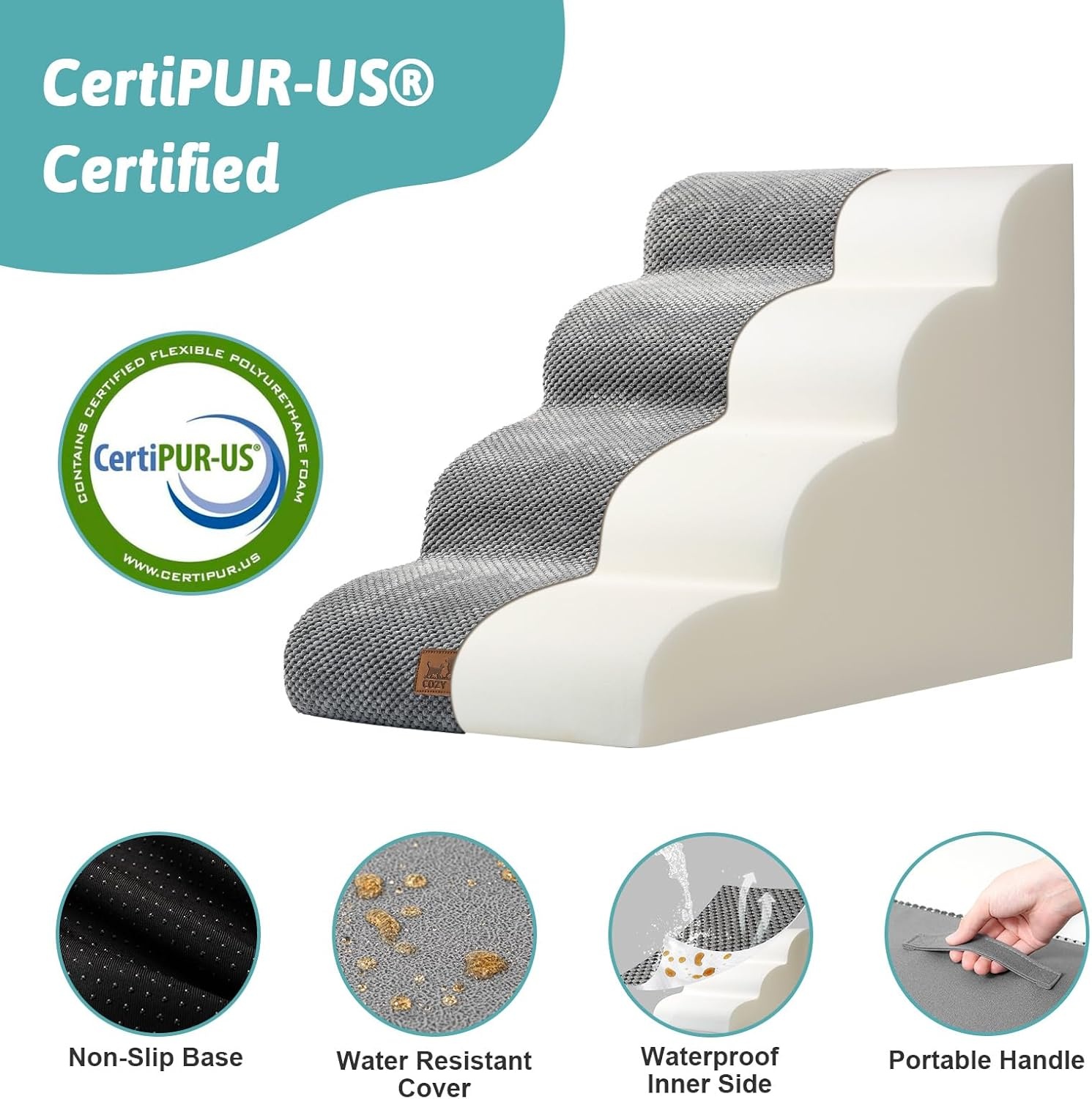 image:imageCOZY KISS Dog Stairs for Small Dog 226 H Curved Pet Step for Puppy Older Cat Medium Pet Ramp for High Bed Ladder with High Density Foam Durable 5 Step 157x33x226 inch GreyGrey