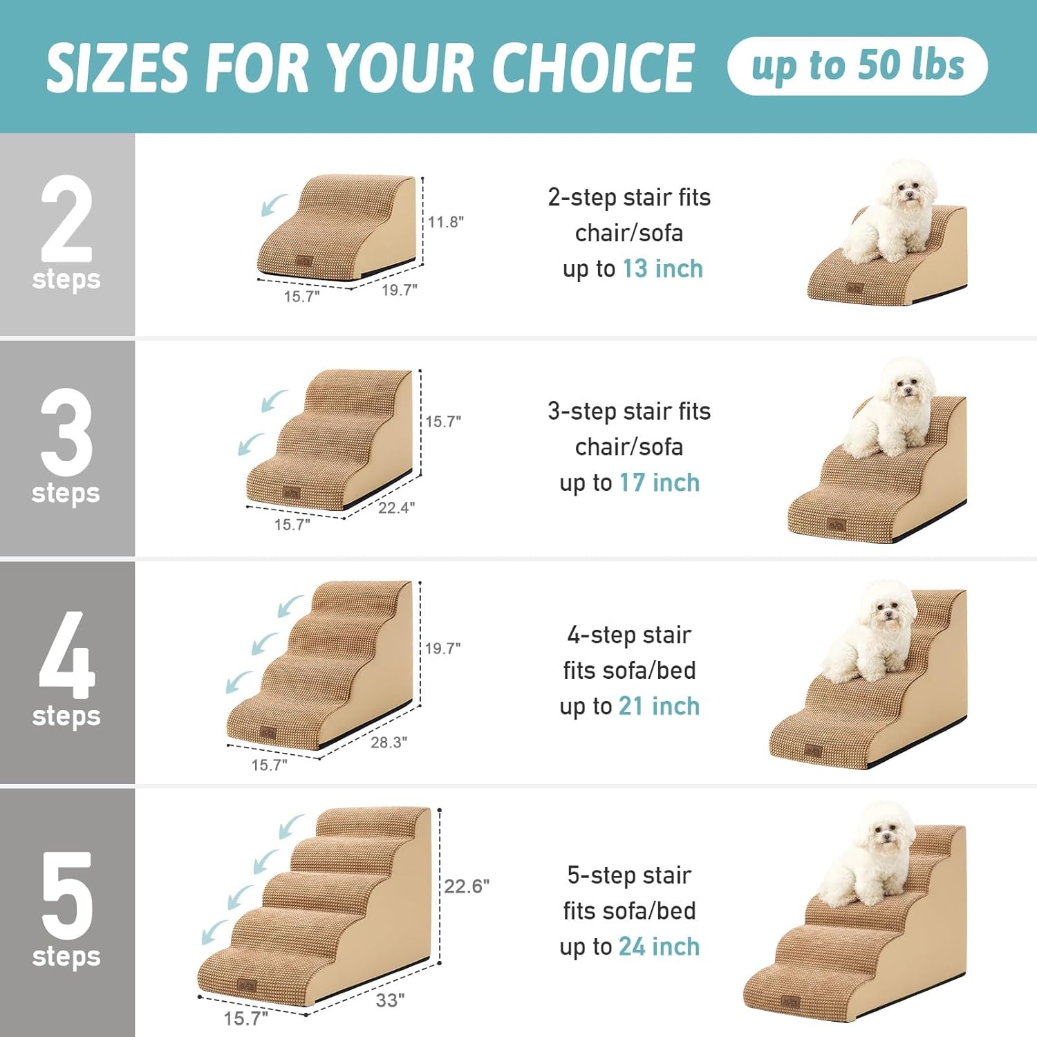 image:imageCOZY KISS Dog Stairs for Small Dog 226 H Curved Pet Step for Puppy Older Cat Medium Pet Ramp for High Bed Ladder with High Density Foam Durable 5 Step 157x33x226 inch GreyLight Brown