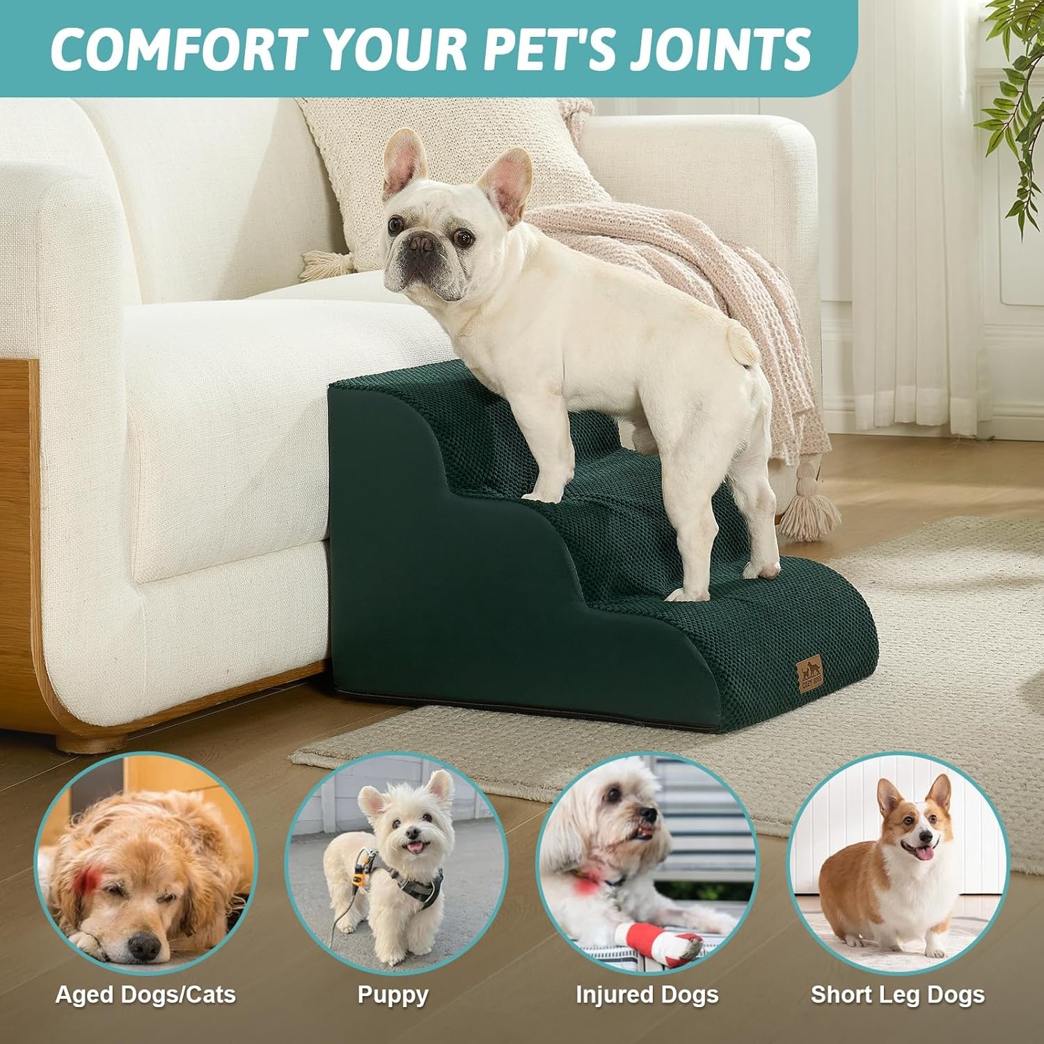 image:imageCOZY KISS Dog Stairs for Small Dog 226 H Curved Pet Step for Puppy Older Cat Medium Pet Ramp for High Bed Ladder with High Density Foam Durable 5 Step 157x33x226 inch GreyDark Green