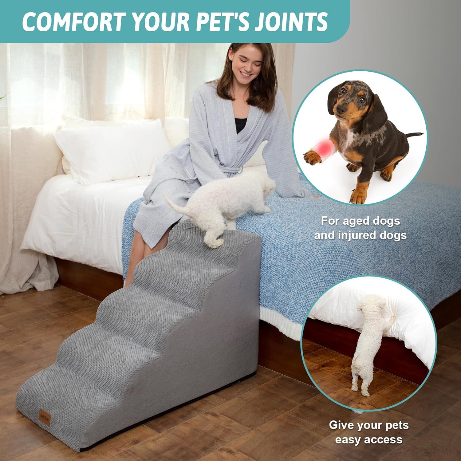 image:imageCOZY KISS Dog Stairs for Small Dog 226 H Curved Pet Step for Puppy Older Cat Medium Pet Ramp for High Bed Ladder with High Density Foam Durable 5 Step 157x33x226 inch GreyGrey