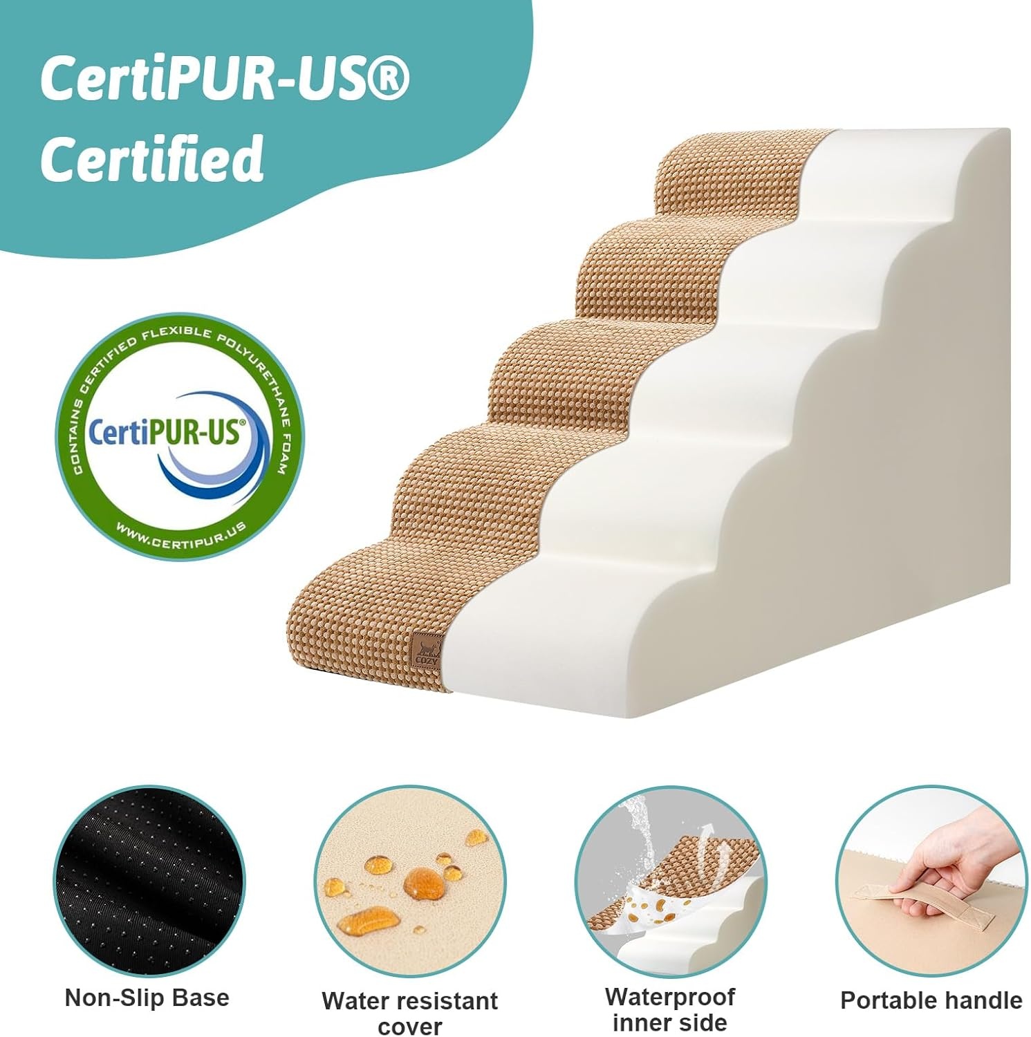 image:imageCOZY KISS Dog Stairs for Small Dog 226 H Curved Pet Step for Puppy Older Cat Medium Pet Ramp for High Bed Ladder with High Density Foam Durable 5 Step 157x33x226 inch GreyLight Brown