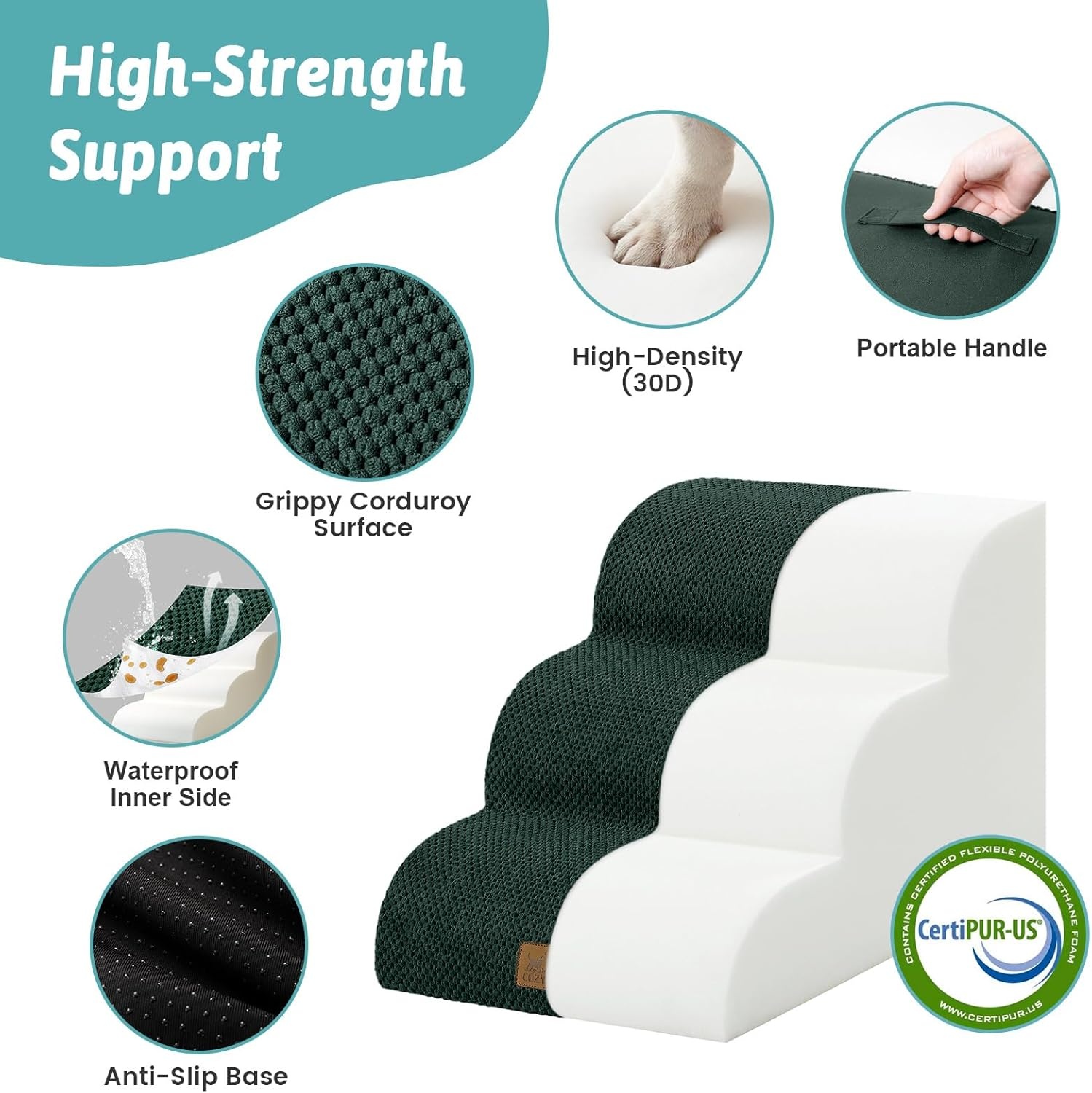 image:imageCOZY KISS Dog Stairs for Small Dog 226 H Curved Pet Step for Puppy Older Cat Medium Pet Ramp for High Bed Ladder with High Density Foam Durable 5 Step 157x33x226 inch GreyDark Green