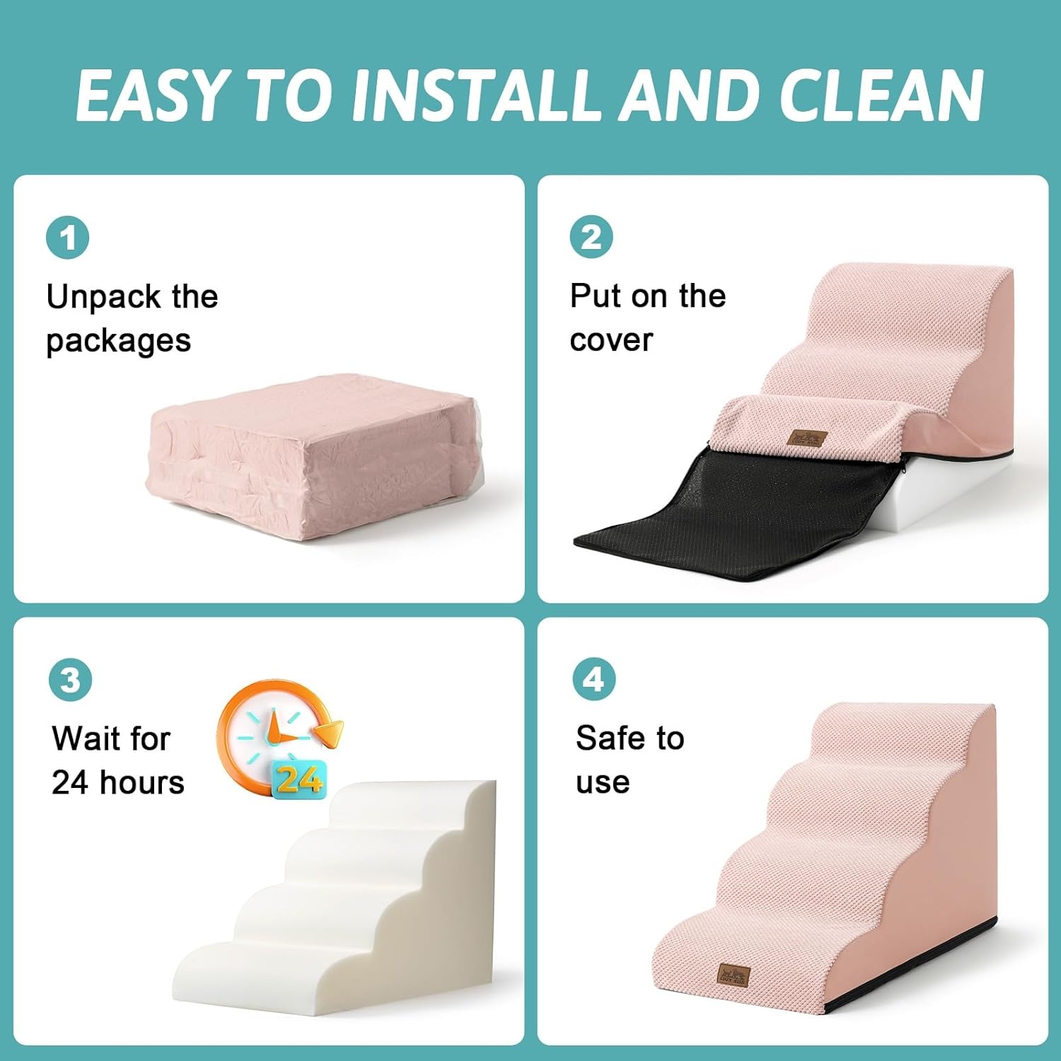 image:imageCOZY KISS Dog Stairs for Small Dog 226 H Curved Pet Step for Puppy Older Cat Medium Pet Ramp for High Bed Ladder with High Density Foam Durable 5 Step 157x33x226 inch GreyPink