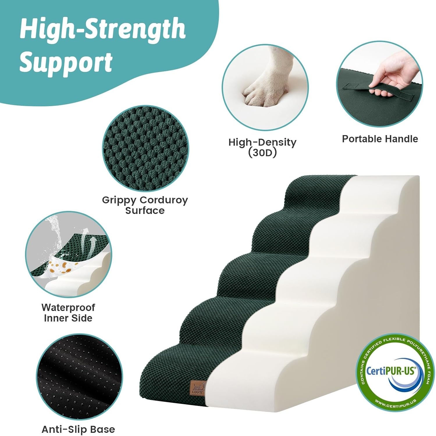 image:imageCOZY KISS Dog Stairs for Small Dog 226 H Curved Pet Step for Puppy Older Cat Medium Pet Ramp for High Bed Ladder with High Density Foam Durable 5 Step 157x33x226 inch GreyDark Green