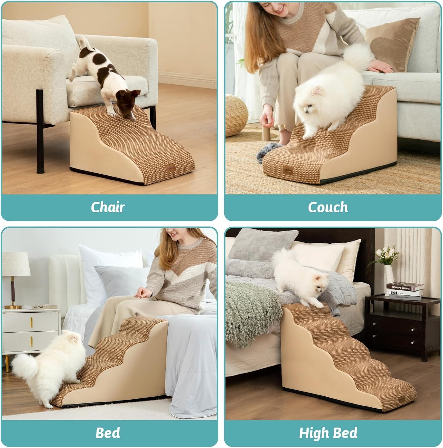 image:imageCOZY KISS Dog Stairs for Small Dog 226 H Curved Pet Step for Puppy Older Cat Medium Pet Ramp for High Bed Ladder with High Density Foam Durable 5 Step 157x33x226 inch GreyLight Brown