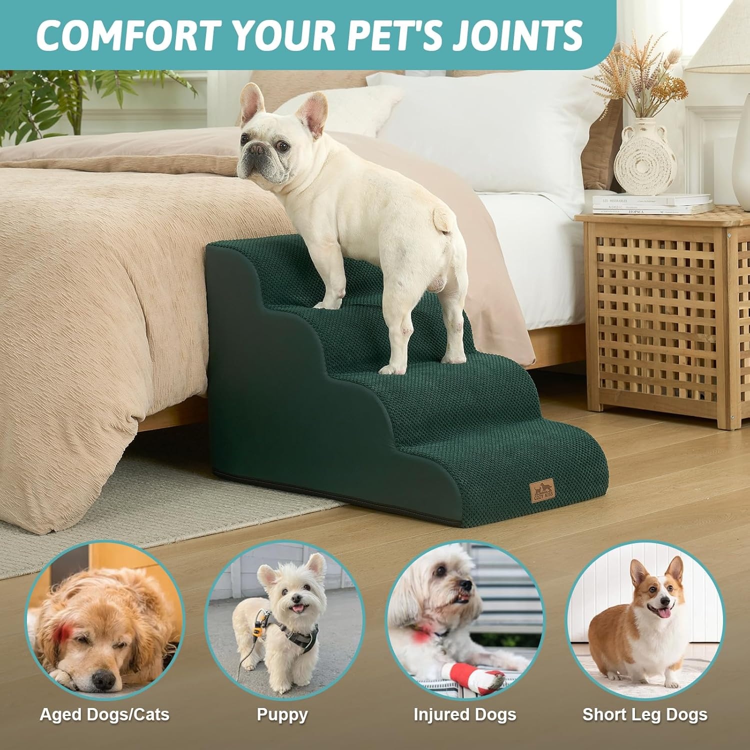 image:imageCOZY KISS Dog Stairs for Small Dog 226 H Curved Pet Step for Puppy Older Cat Medium Pet Ramp for High Bed Ladder with High Density Foam Durable 5 Step 157x33x226 inch GreyDark Green