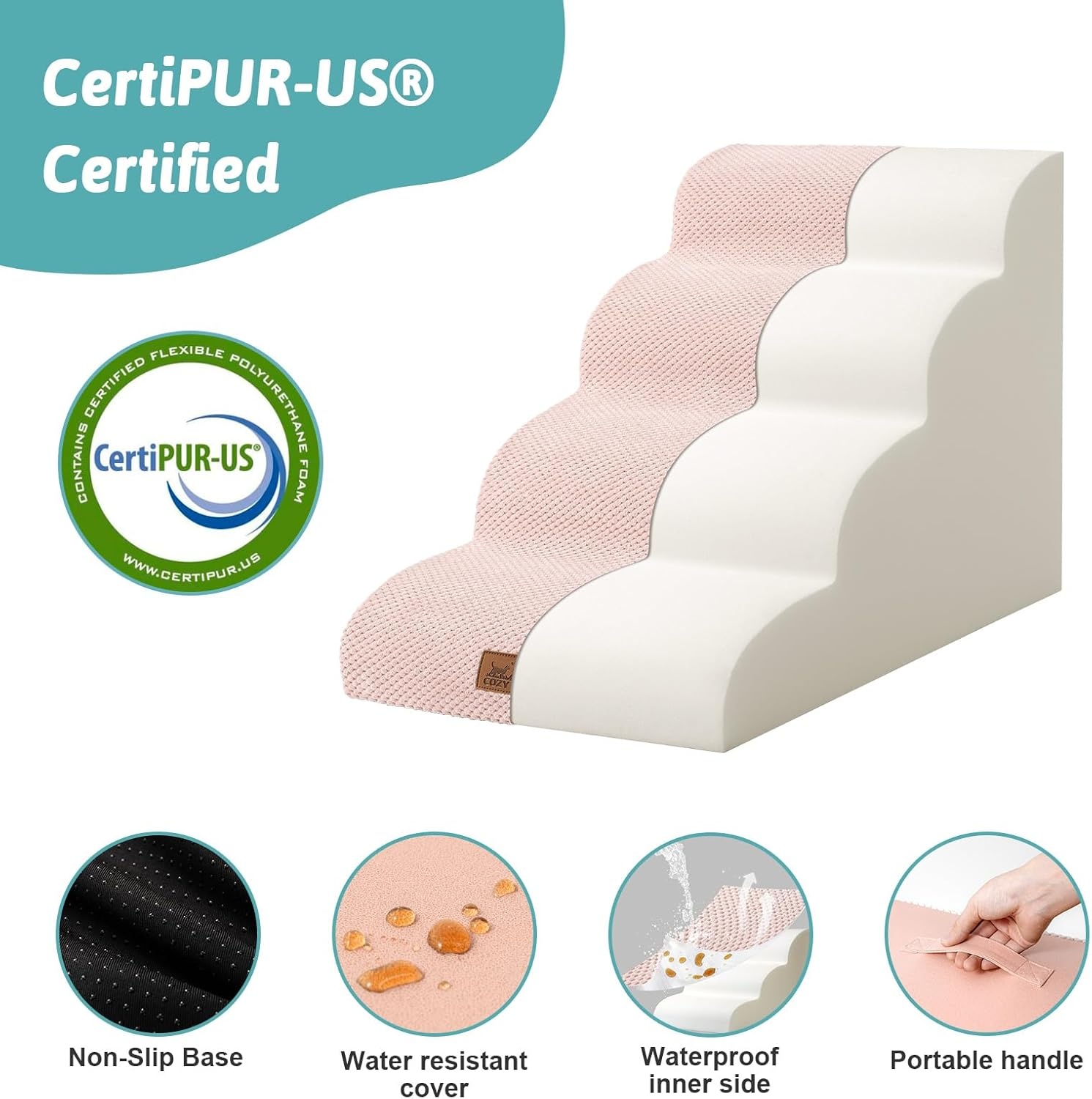 image:imageCOZY KISS Dog Stairs for Small Dog 226 H Curved Pet Step for Puppy Older Cat Medium Pet Ramp for High Bed Ladder with High Density Foam Durable 5 Step 157x33x226 inch GreyPink